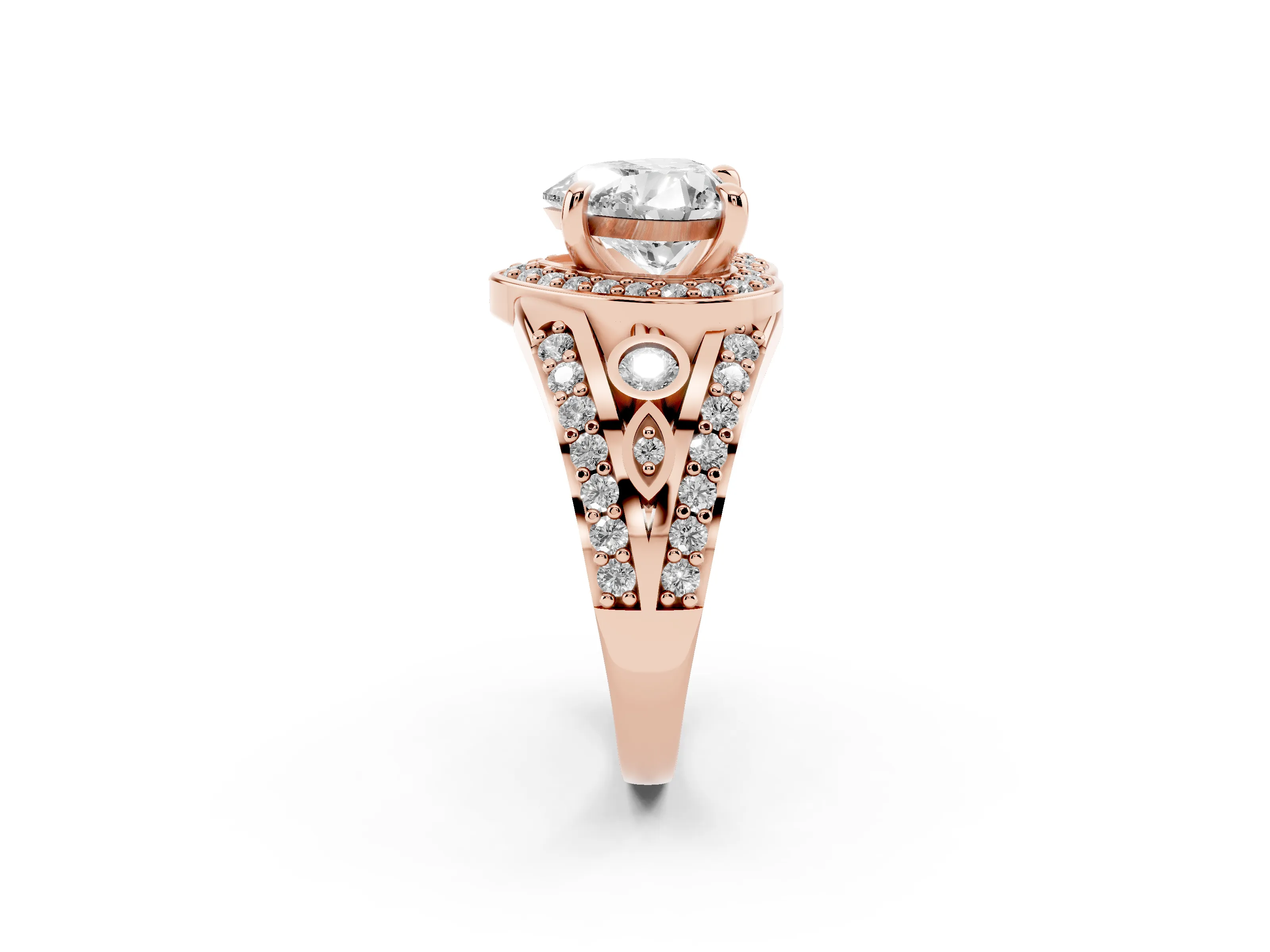 Heart Cut Diamond Halo Ring Set in Rose gold with Pavé Split Shank and Bezel Accents