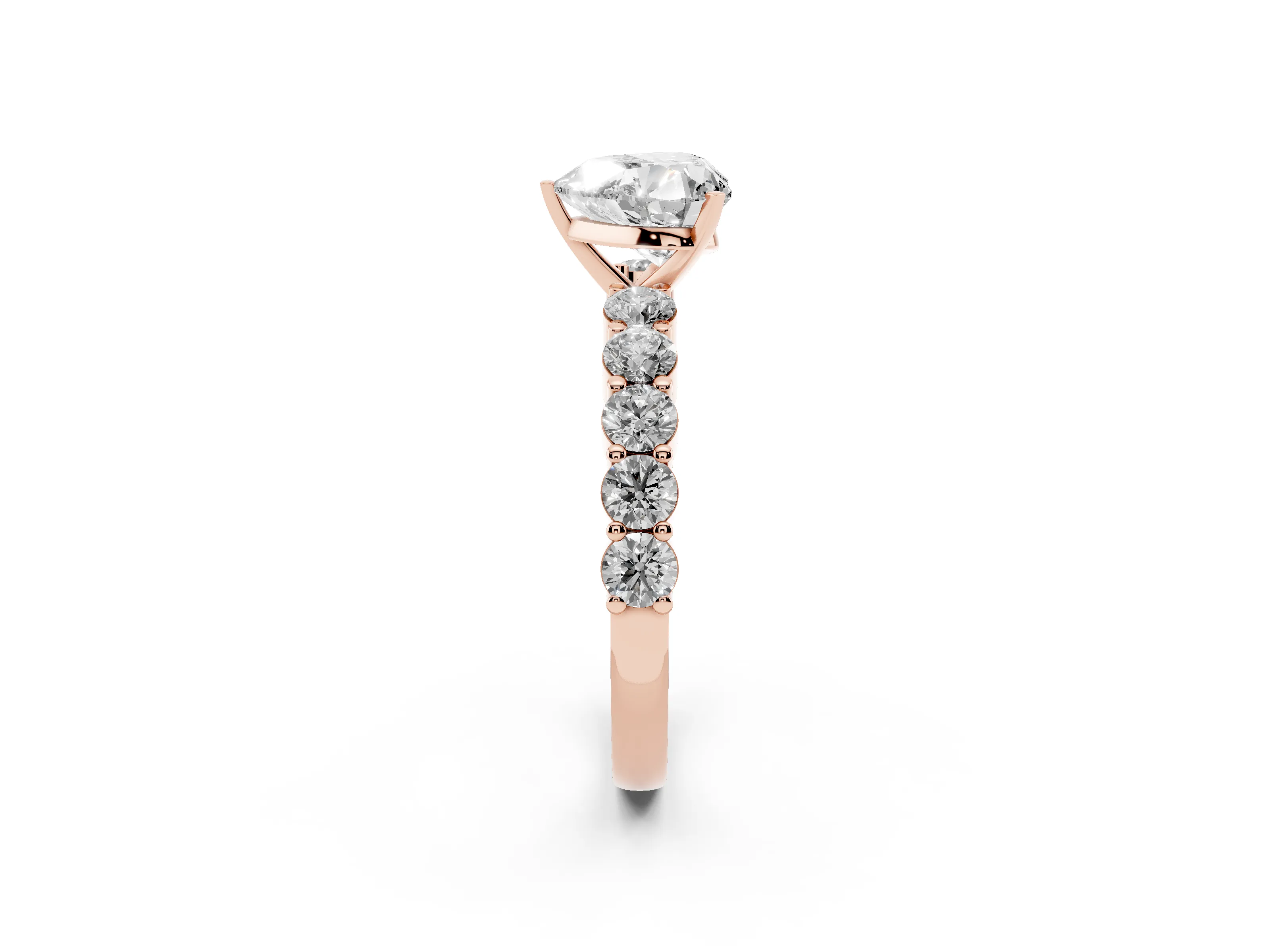Heart Cut Diamond Solitaire Ring Set in Rose gold with Shared Prong Round Side Stones