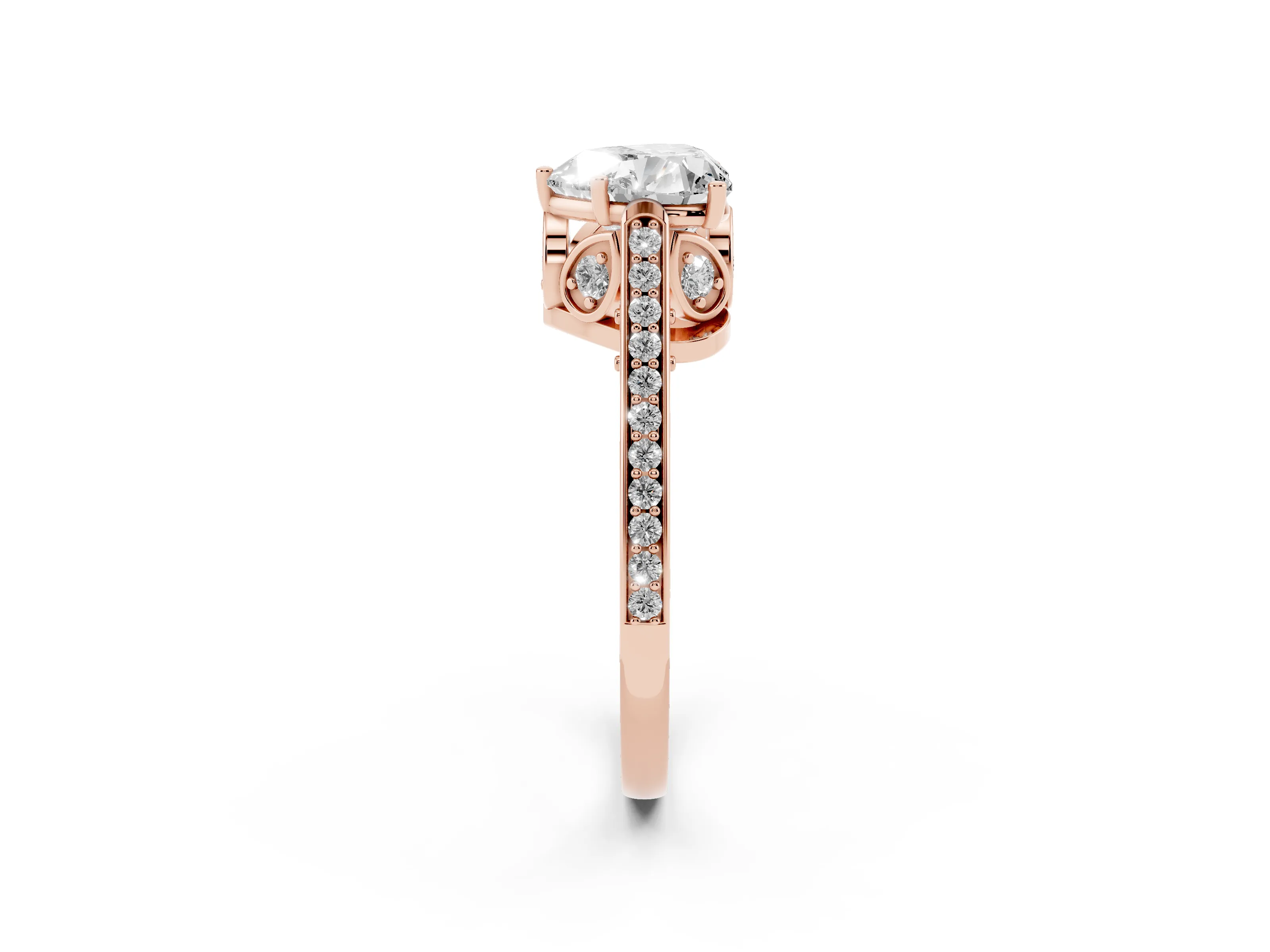 Heart Cut Diamond Cathedral Pavé Engagement Ring Set in Rose gold with Prong Setting