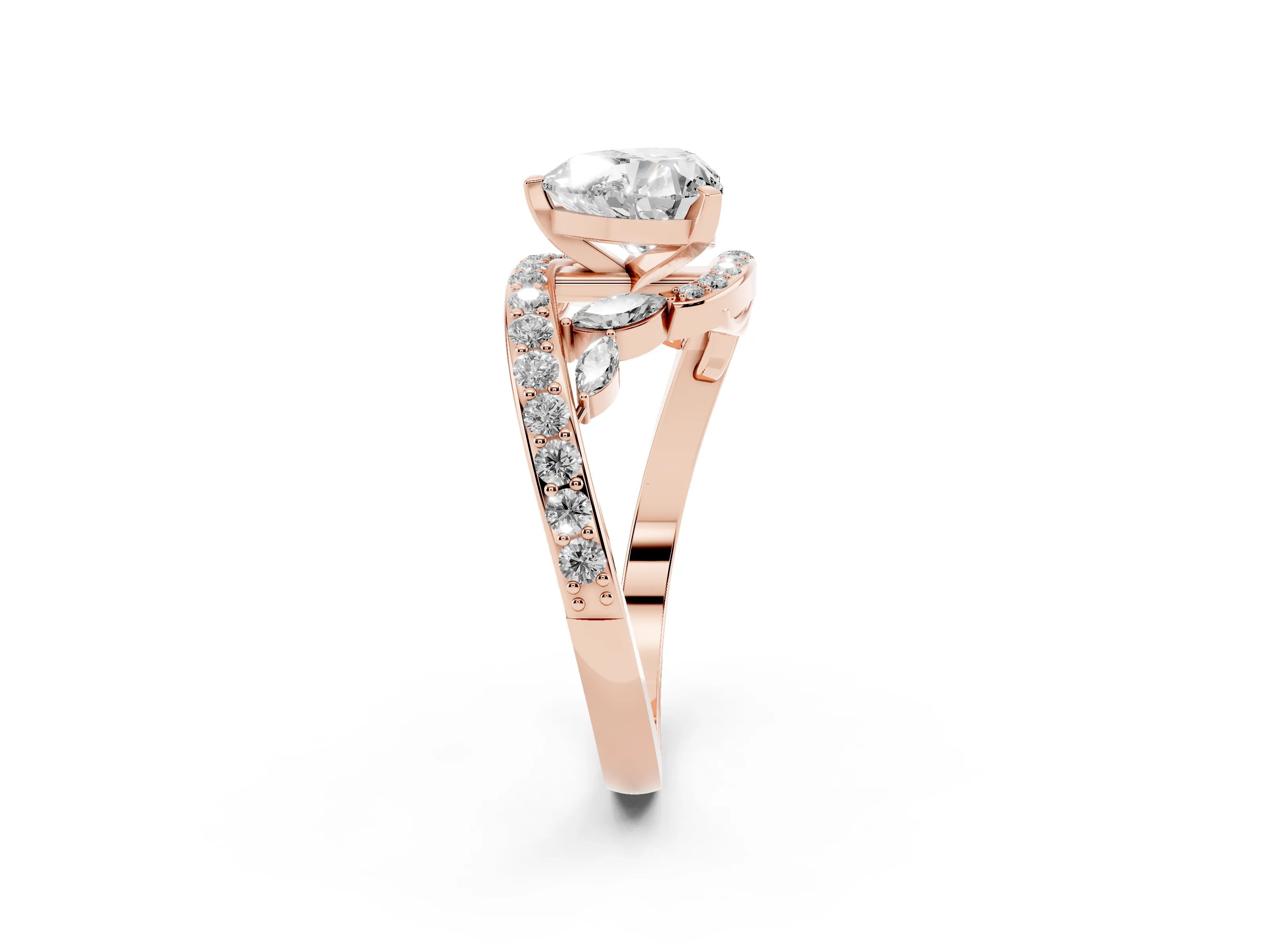 Heart Cut Diamond Solitaire Ring Set in Rose gold with Pavé Twist Band and Secure Prong Setting