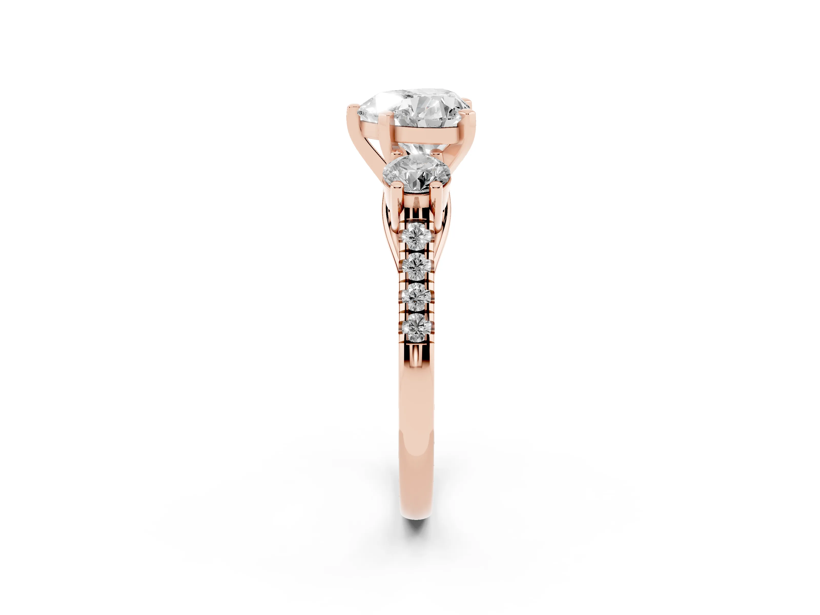 Three-Stone Heart Cut Diamond Pavé Band Ring Set in Rose gold with Prong-Set Trio