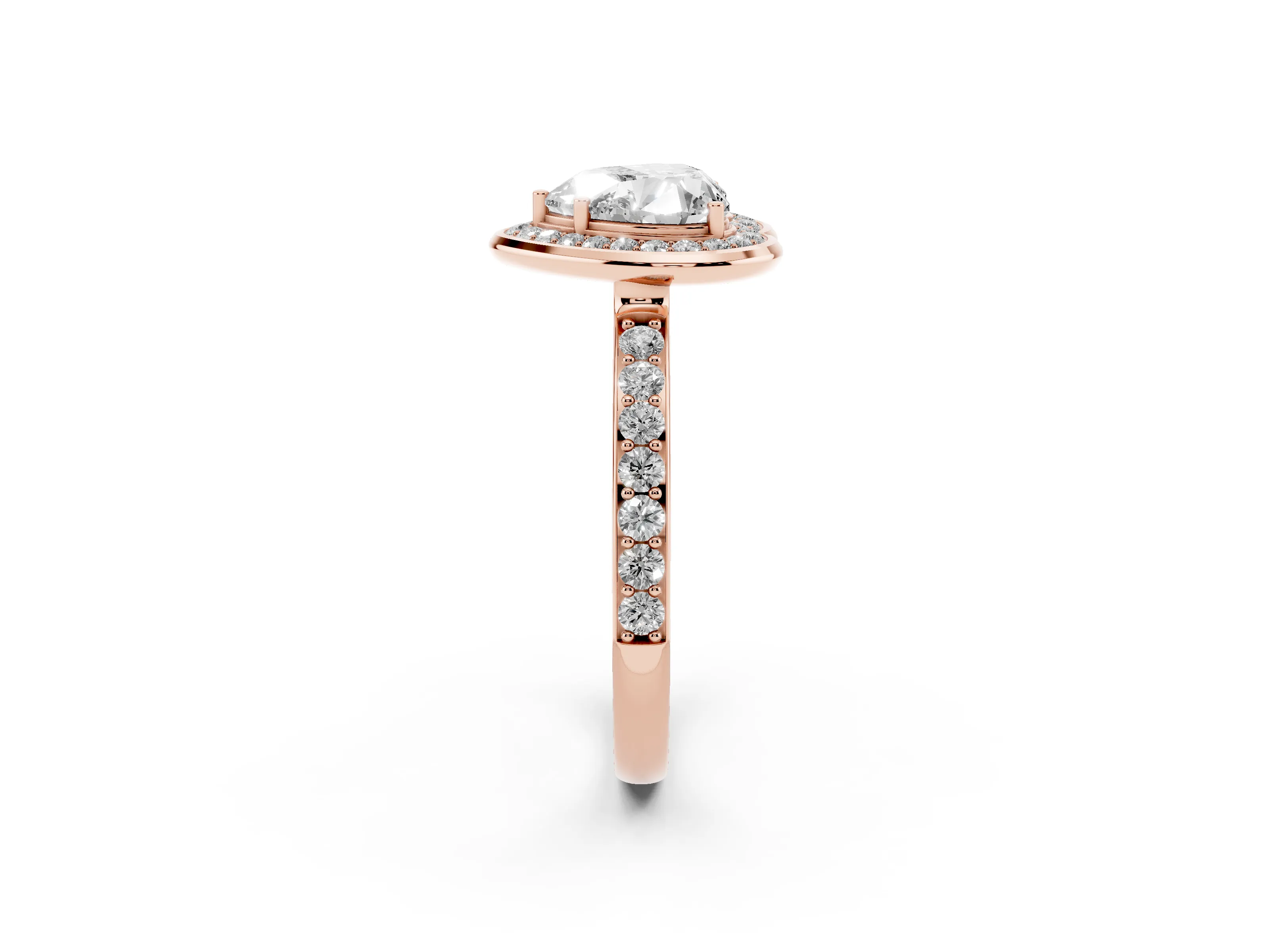 Heart Cut Diamond Halo Ring Set in Rose gold with Bezel Frame and Pavé Band