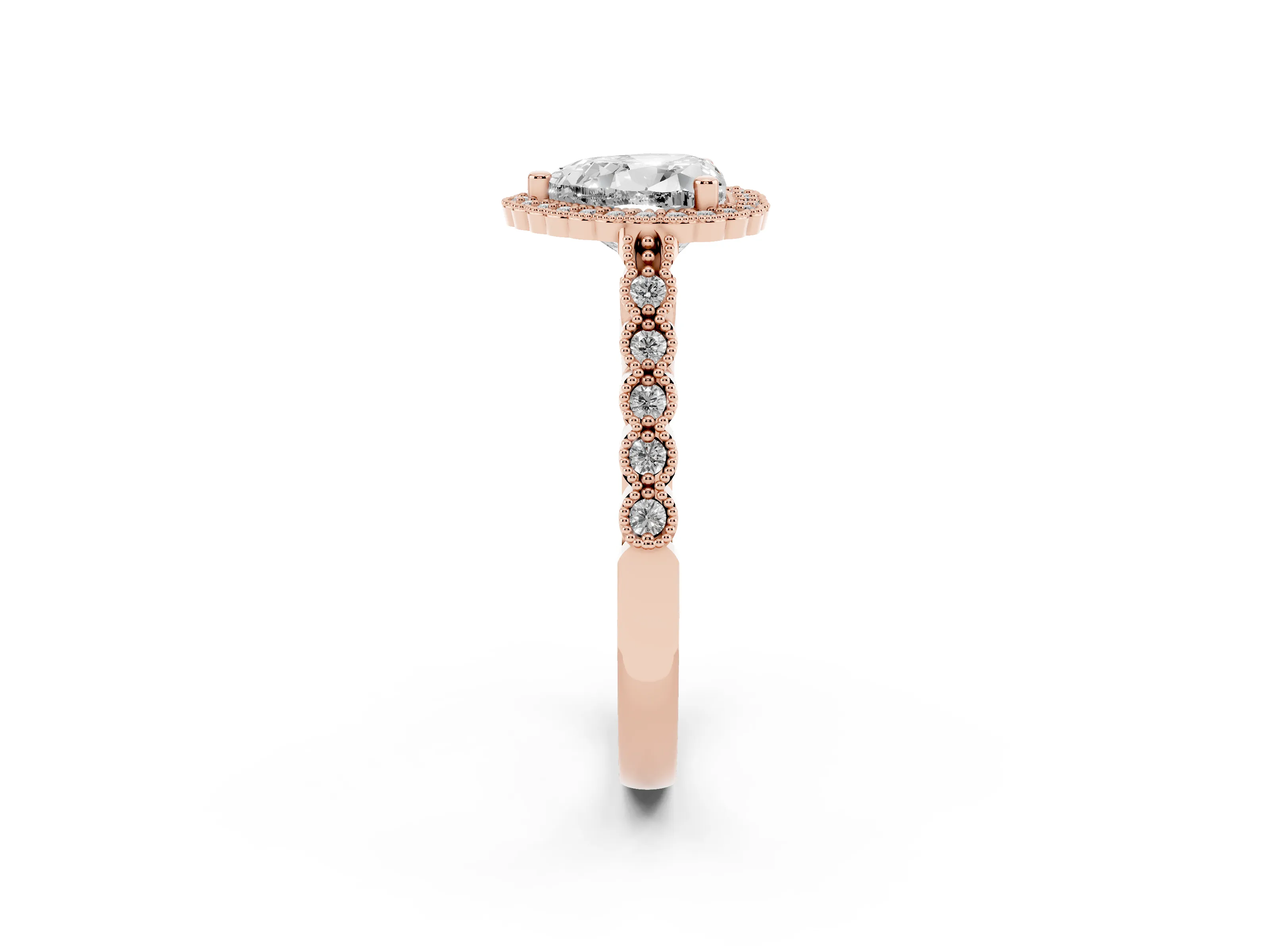 Heart Cut Diamond Halo Ring Set in Rose gold with Pavé Milgrain Band
