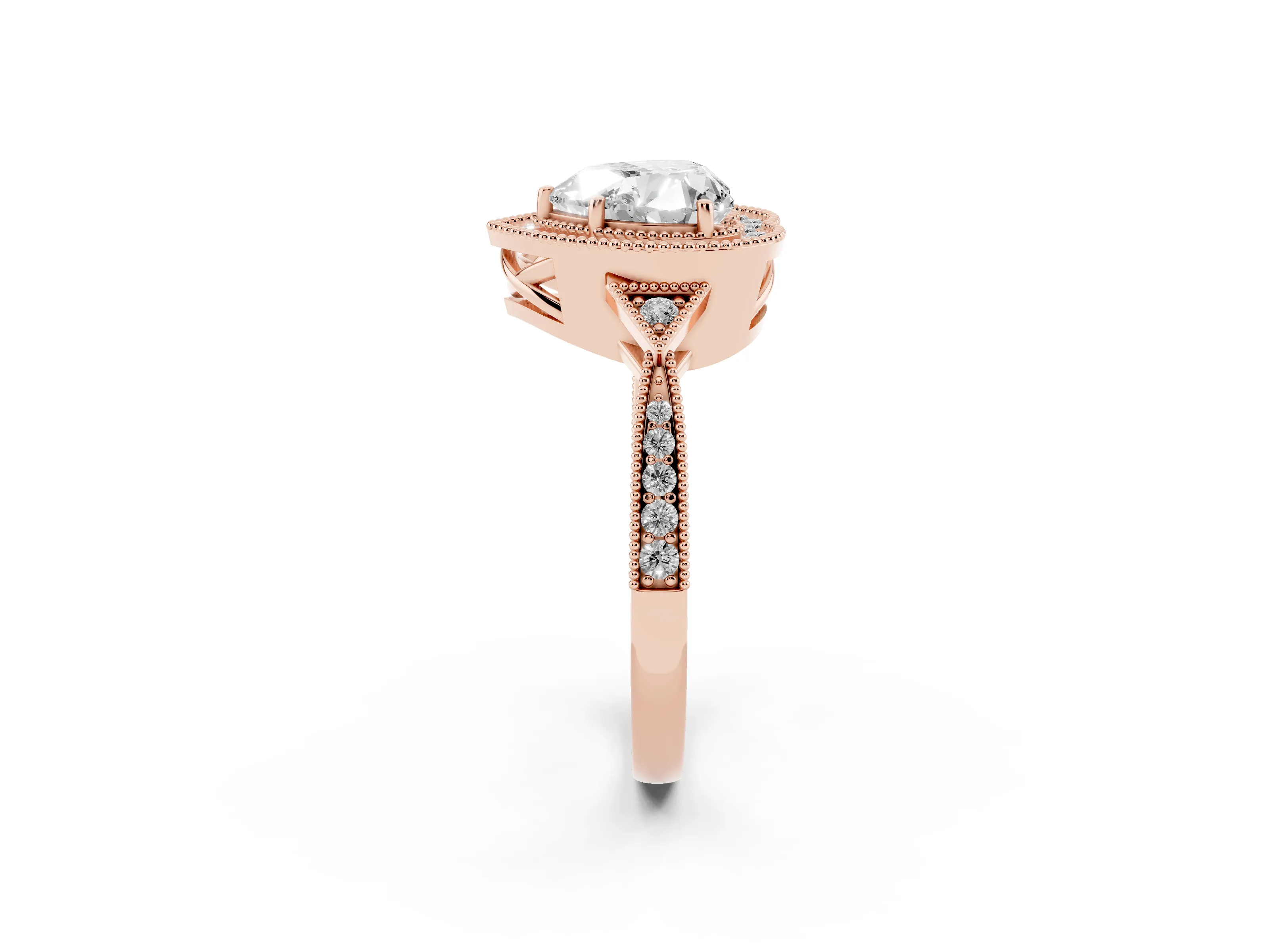 Heart Cut Diamond Halo Engagement Ring Set in Rose gold with Milgrain Pavé Band