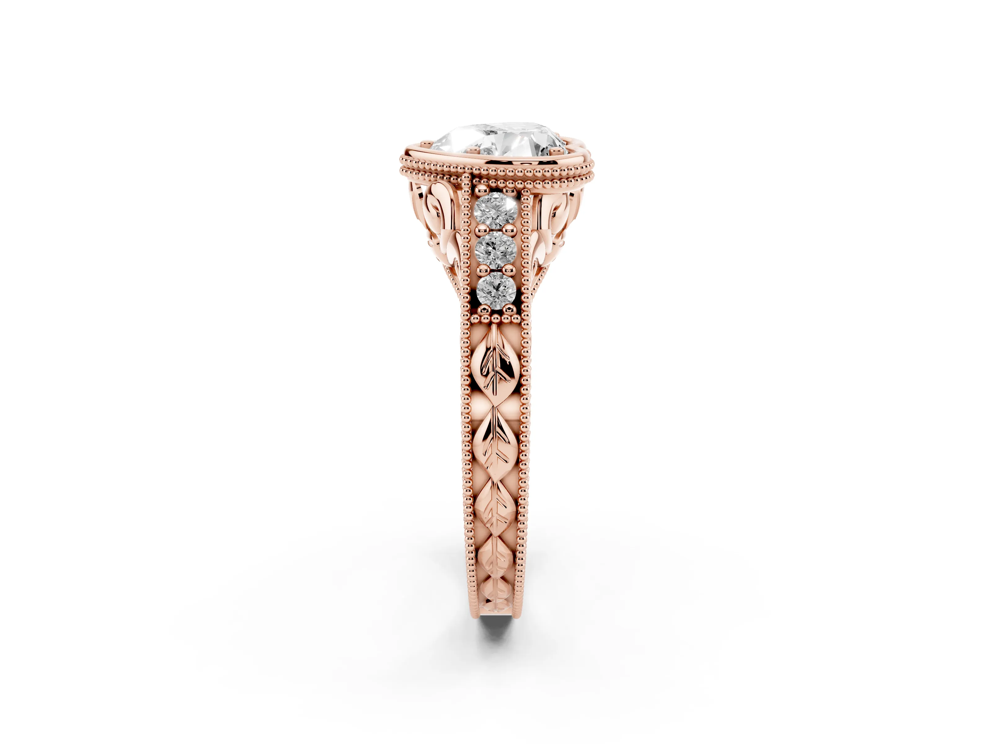 Bezel Set Heart Cut Diamond Milgrain Pavé Engagement Ring Set in Rose gold