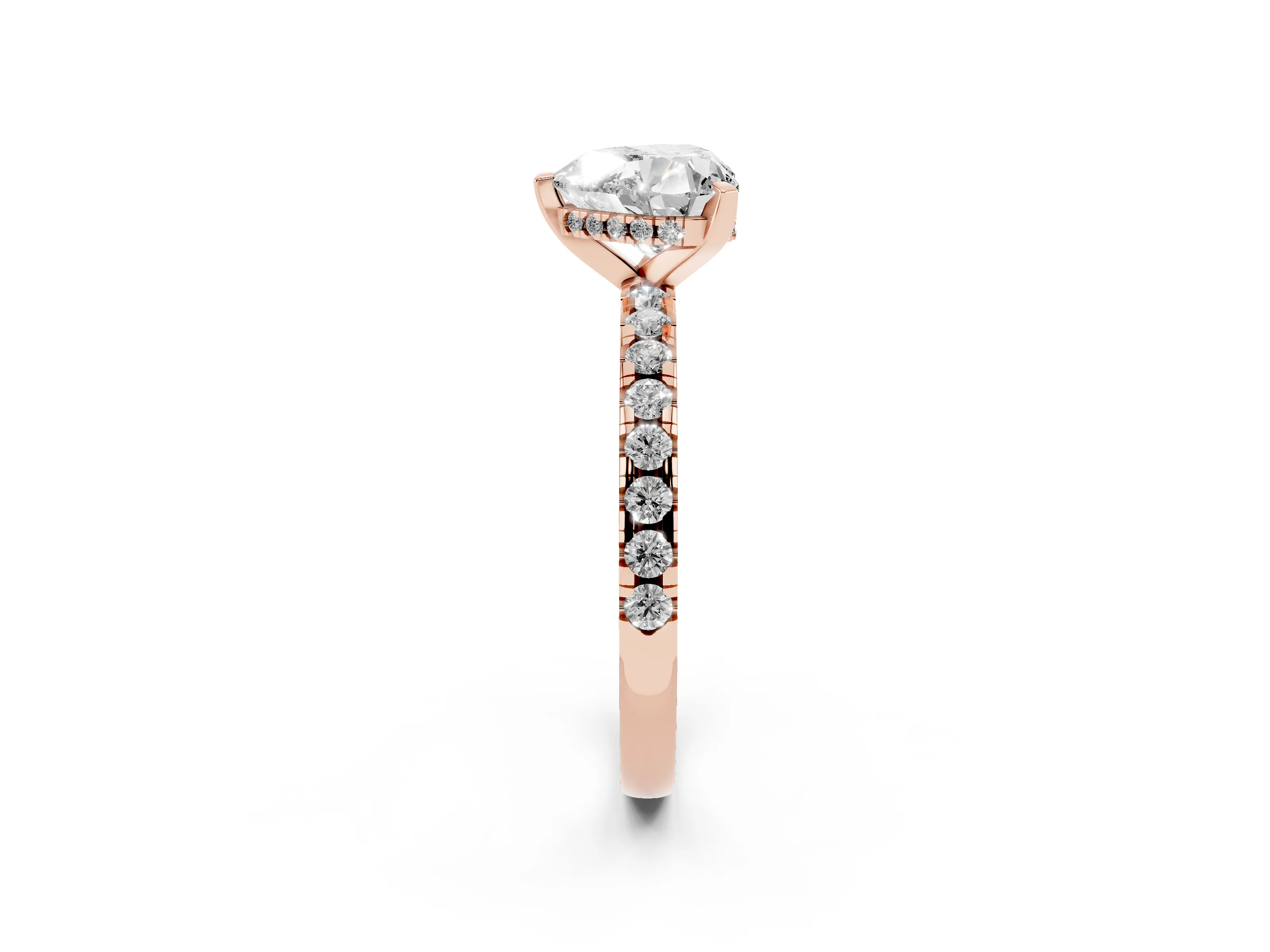 Heart Cut Diamond Pavé Solitaire Ring Set in Rose gold with Round Band Accents and Prong Setting