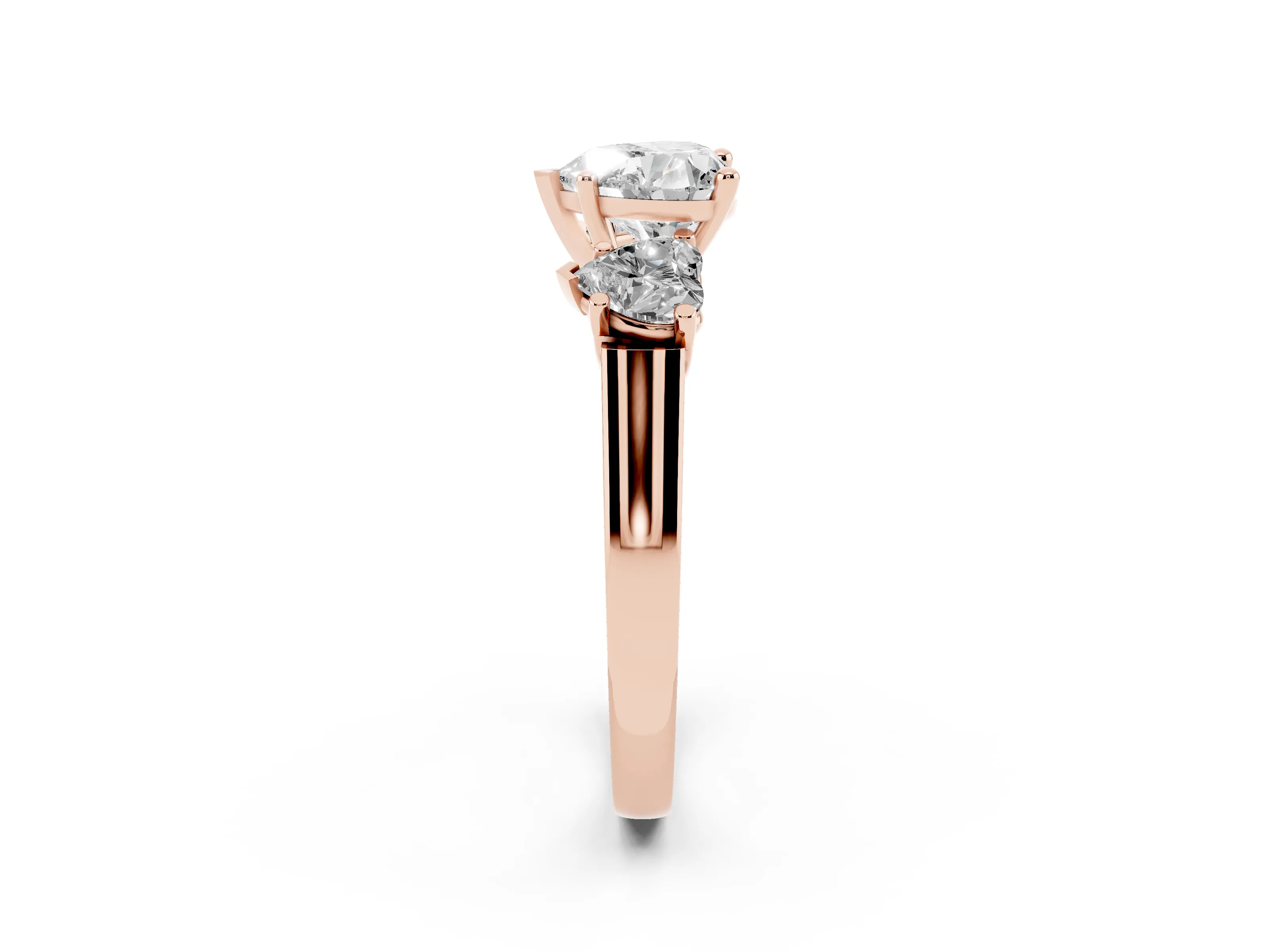 Heart Cut Diamond Three-Stone Trellis Ring Set in Rose gold with Comfort Fit Band
