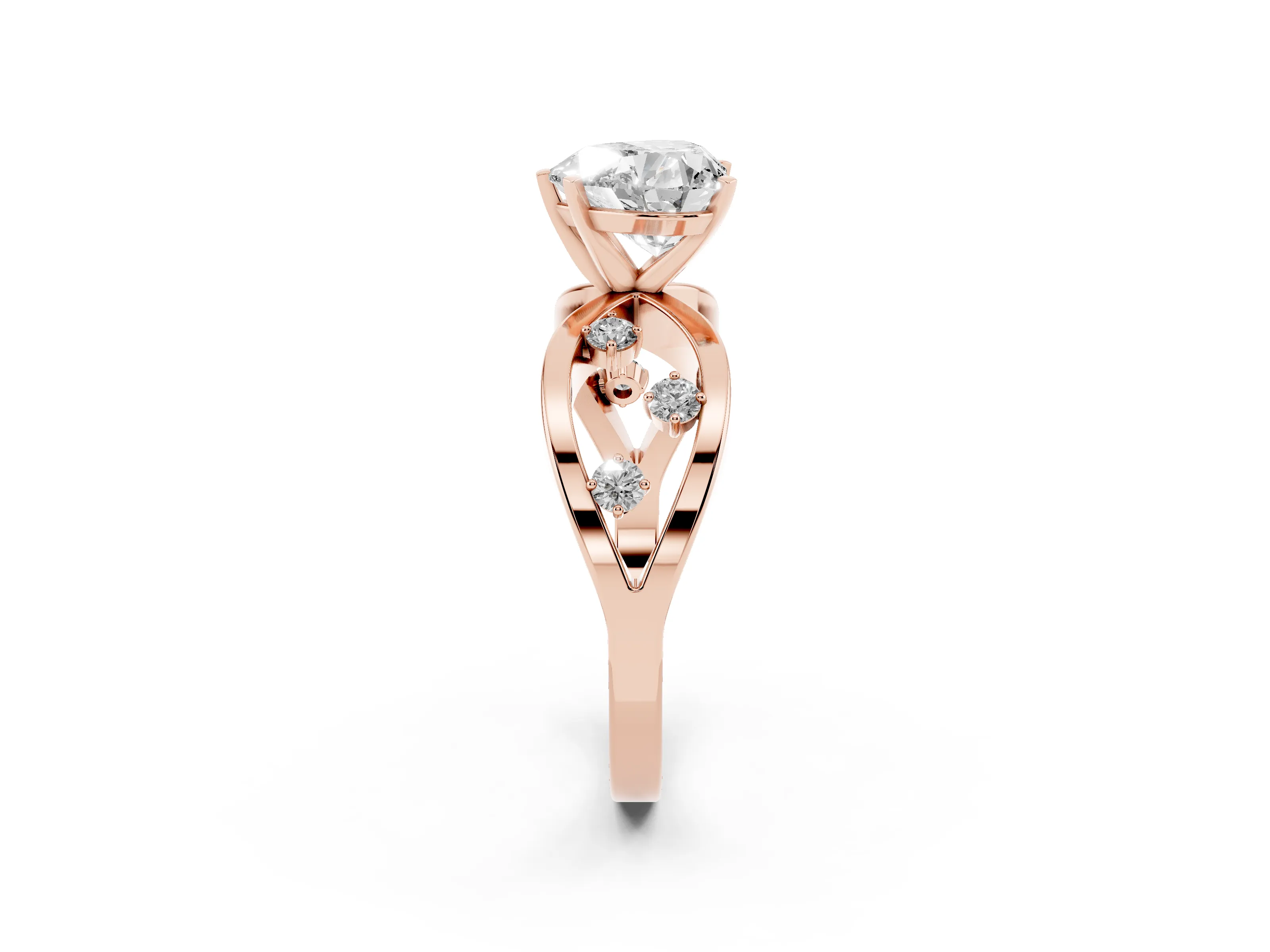 Heart Cut Diamond Solitaire Ring Set in Rose gold with Side Stones on Criss-Cross Band and Prong Setting
