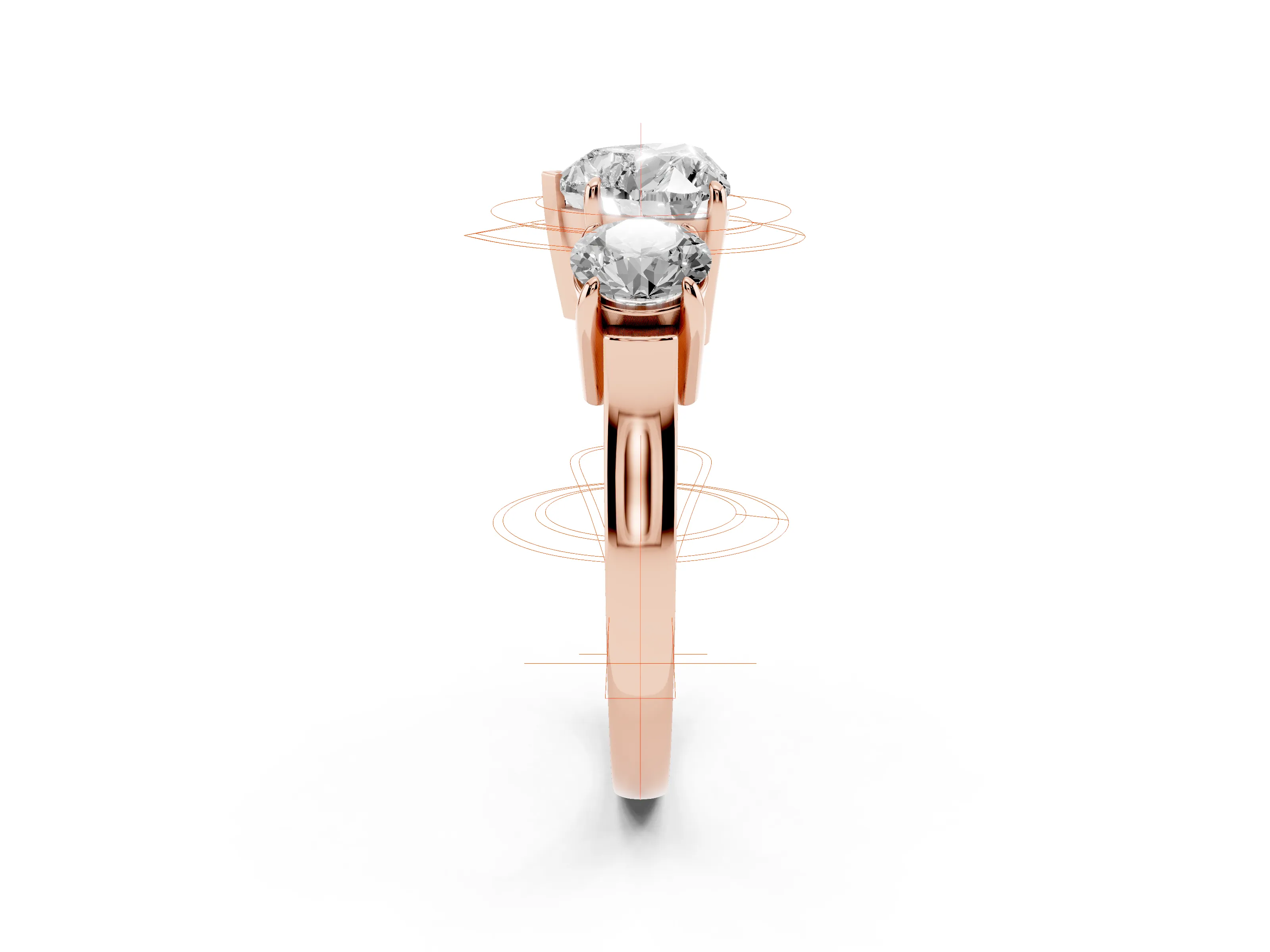 Heart Cut Diamond Three-Stone Ring Set in Rose gold with Round Accent Stones and Plain Band