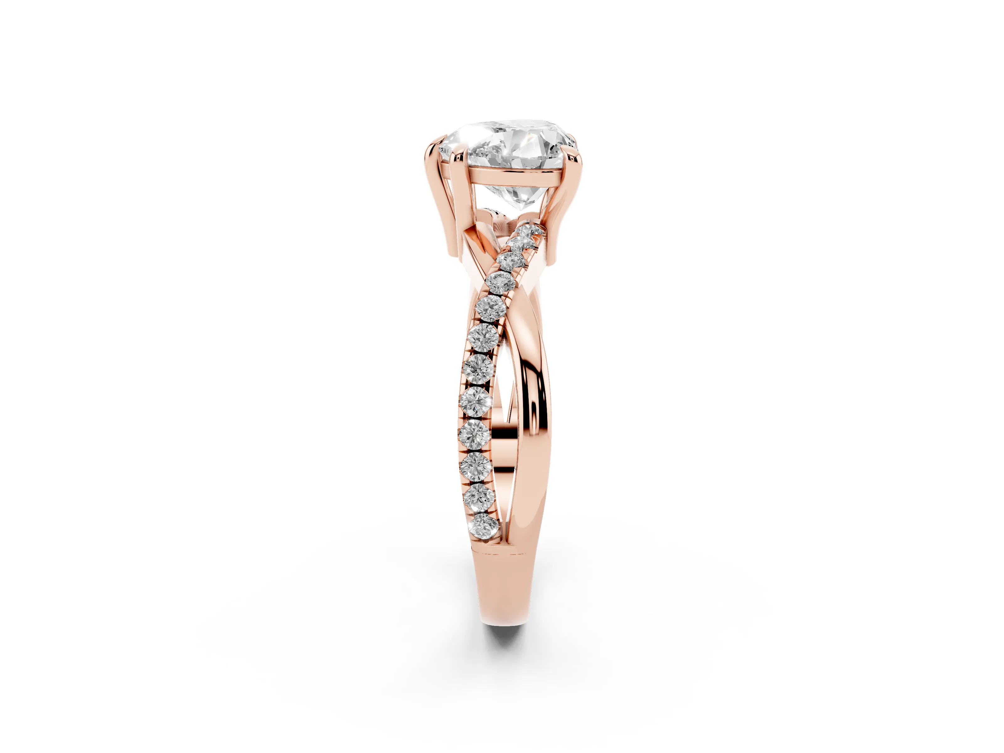 Heart Cut Diamond Twist Band Solitaire Set in Rose gold with Pavé Accents and Prong Setting