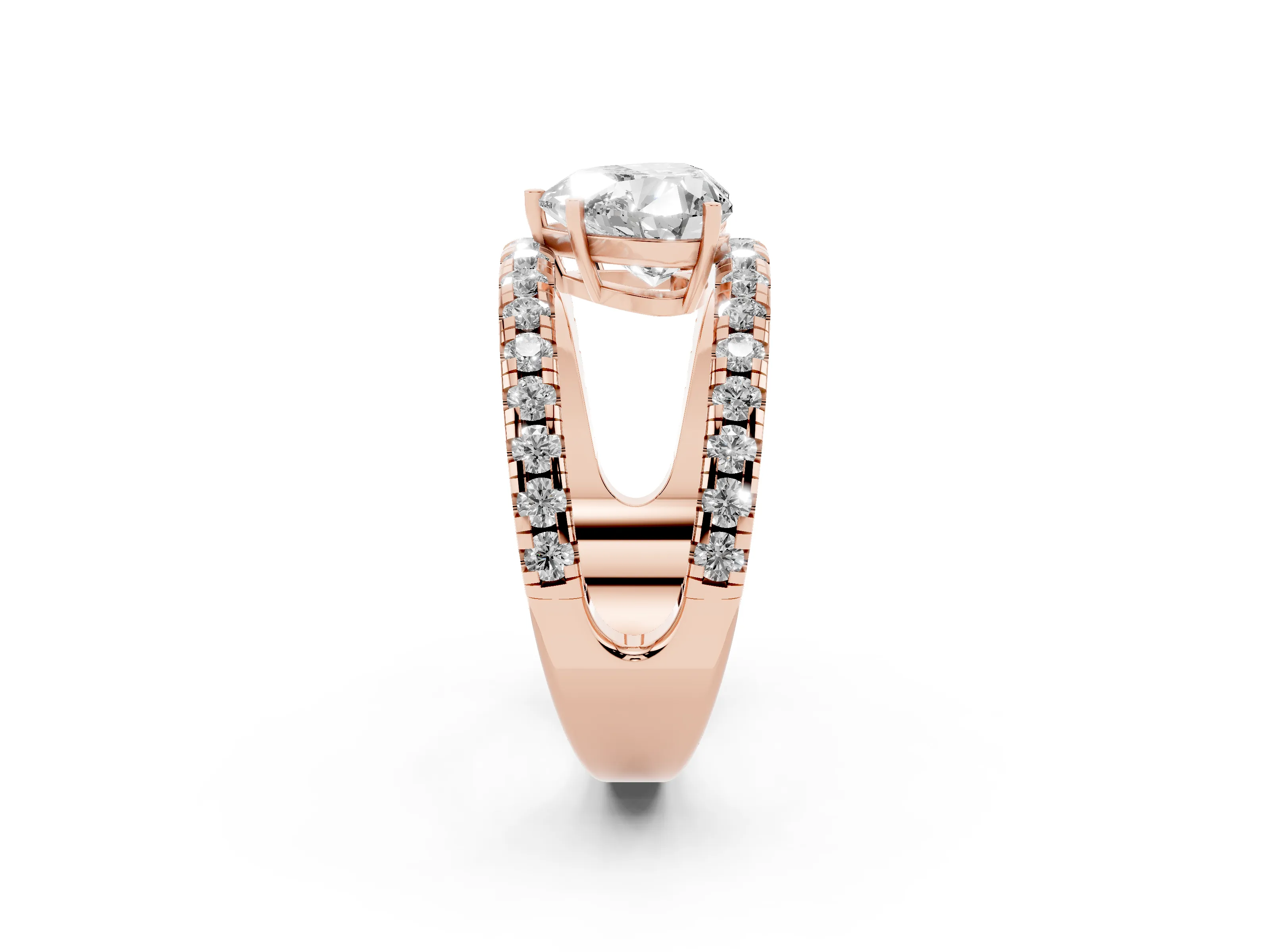 Heart Cut Diamond Split Shank Pavé Solitaire Ring Set in Rose gold with Open Shank Design