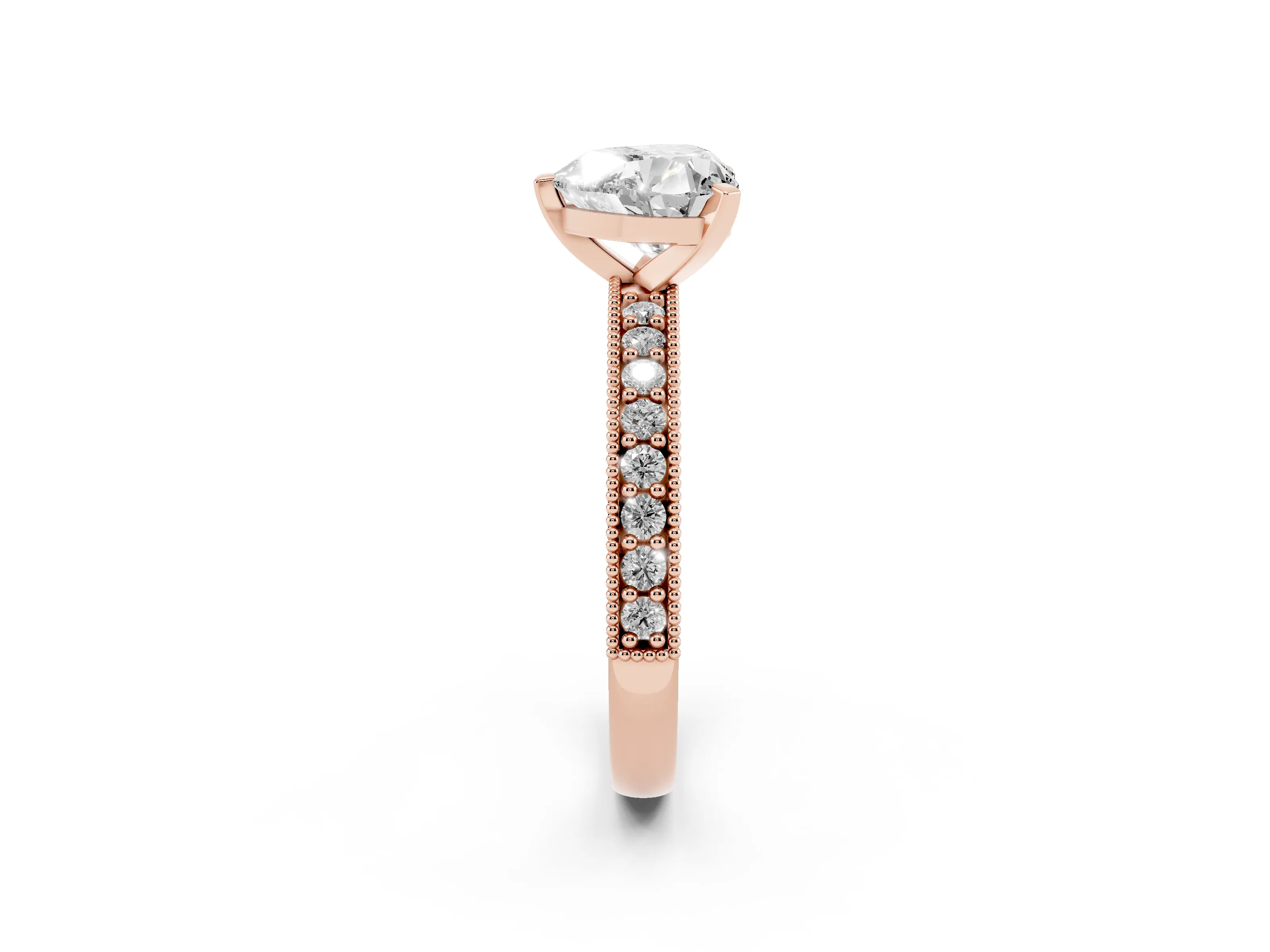 Heart Cut Diamond Milgrain Pavé Engagement Ring Set in Rose gold with Prong Setting