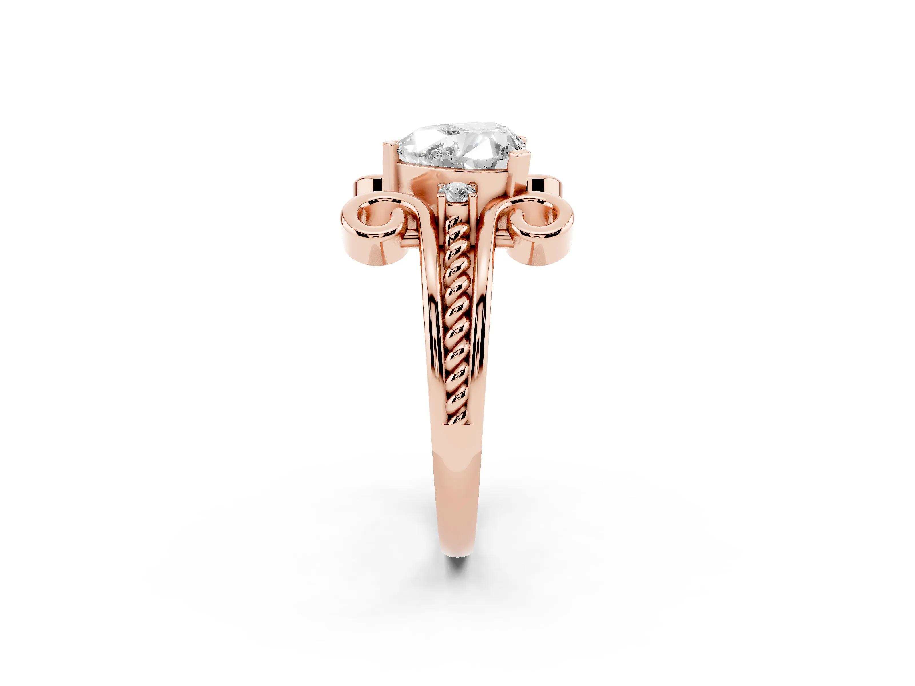 Heart Cut Diamond Twisted Band Solitaire Ring Set in Rose gold with Scroll Prongs