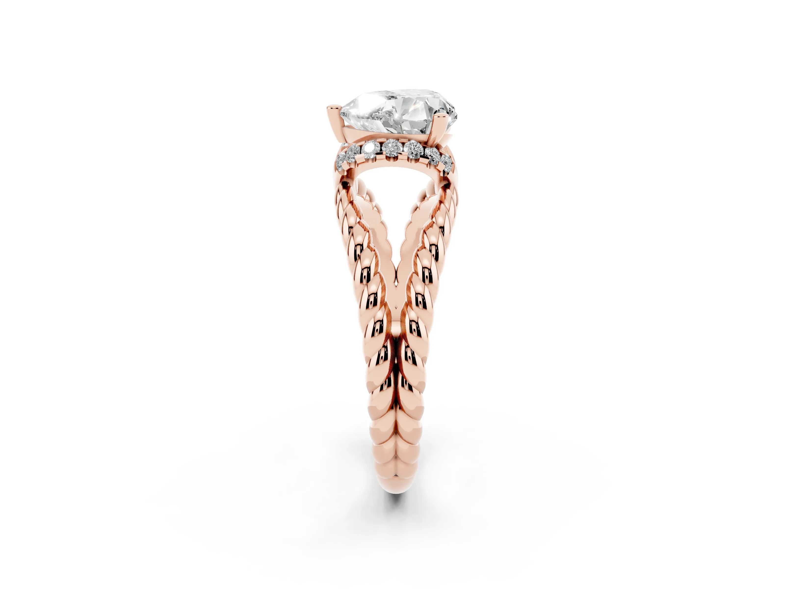 Heart Cut Diamond Halo Ring Set in Rose gold with Twisted Band and Prong Setting