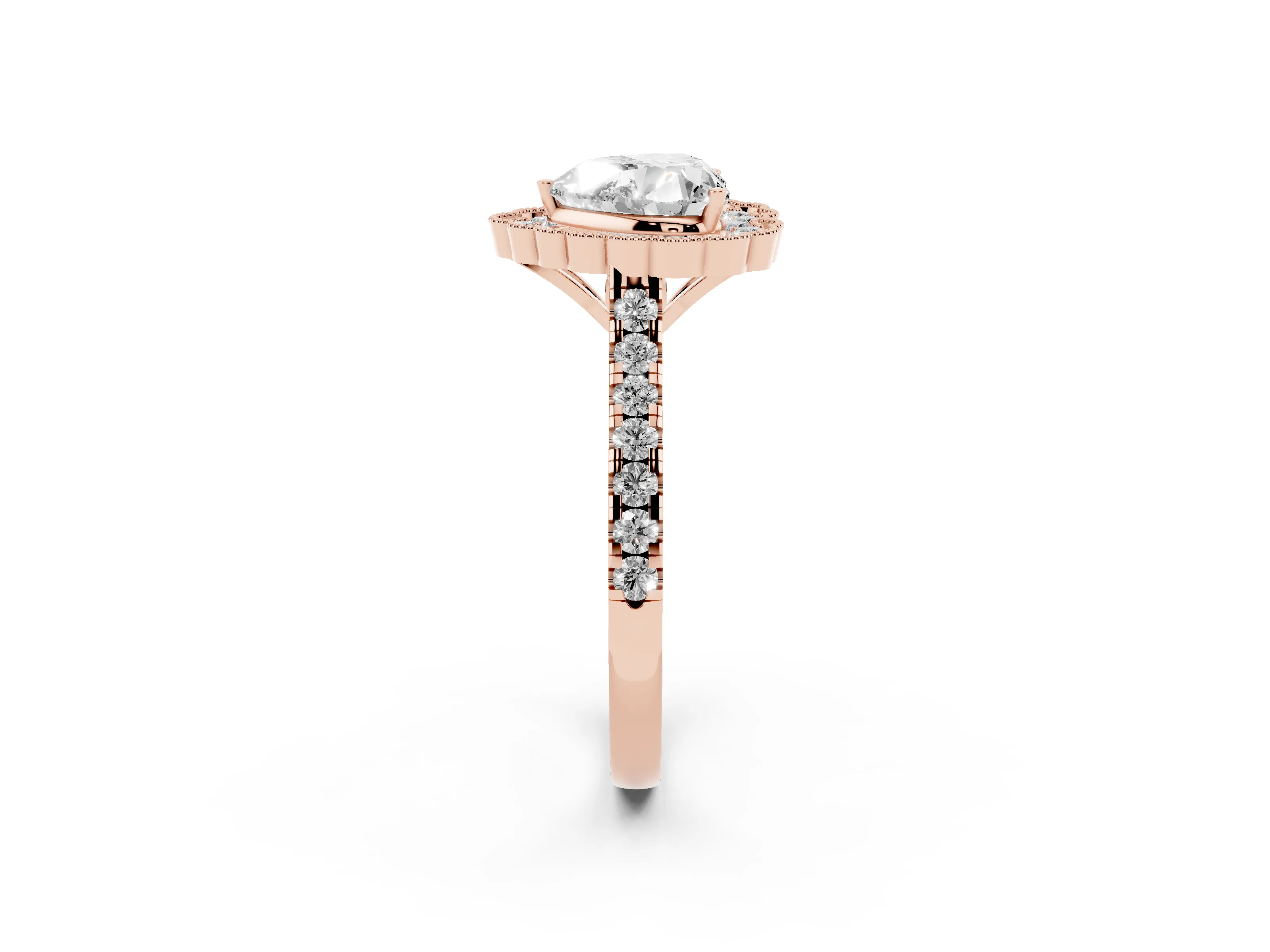 Heart Cut Diamond Milgrain Floral Halo Engagement Ring Set in Rose gold with Pavé Band