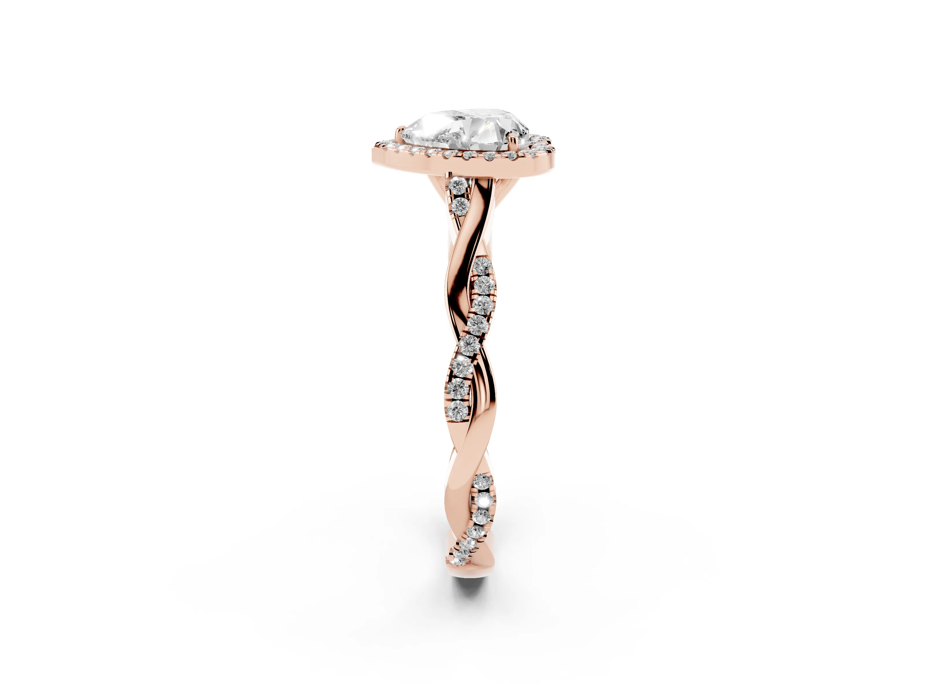 Heart Cut Diamond Halo Twist Band Solitaire Ring Set in Rose gold with Prong Setting