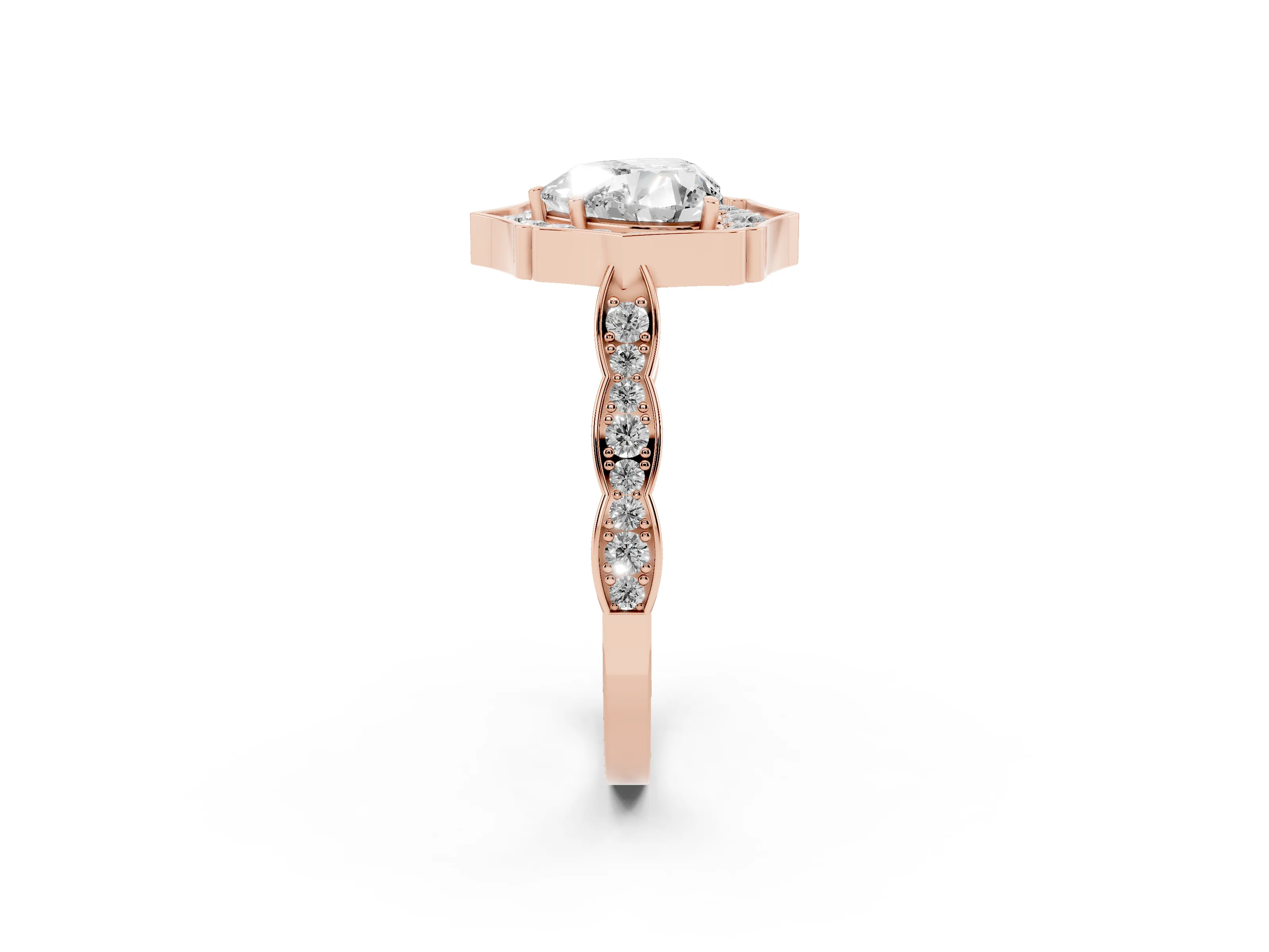Heart Cut Diamond Halo Engagement Ring Set in Rose gold with Milgrain Band and Prong Setting