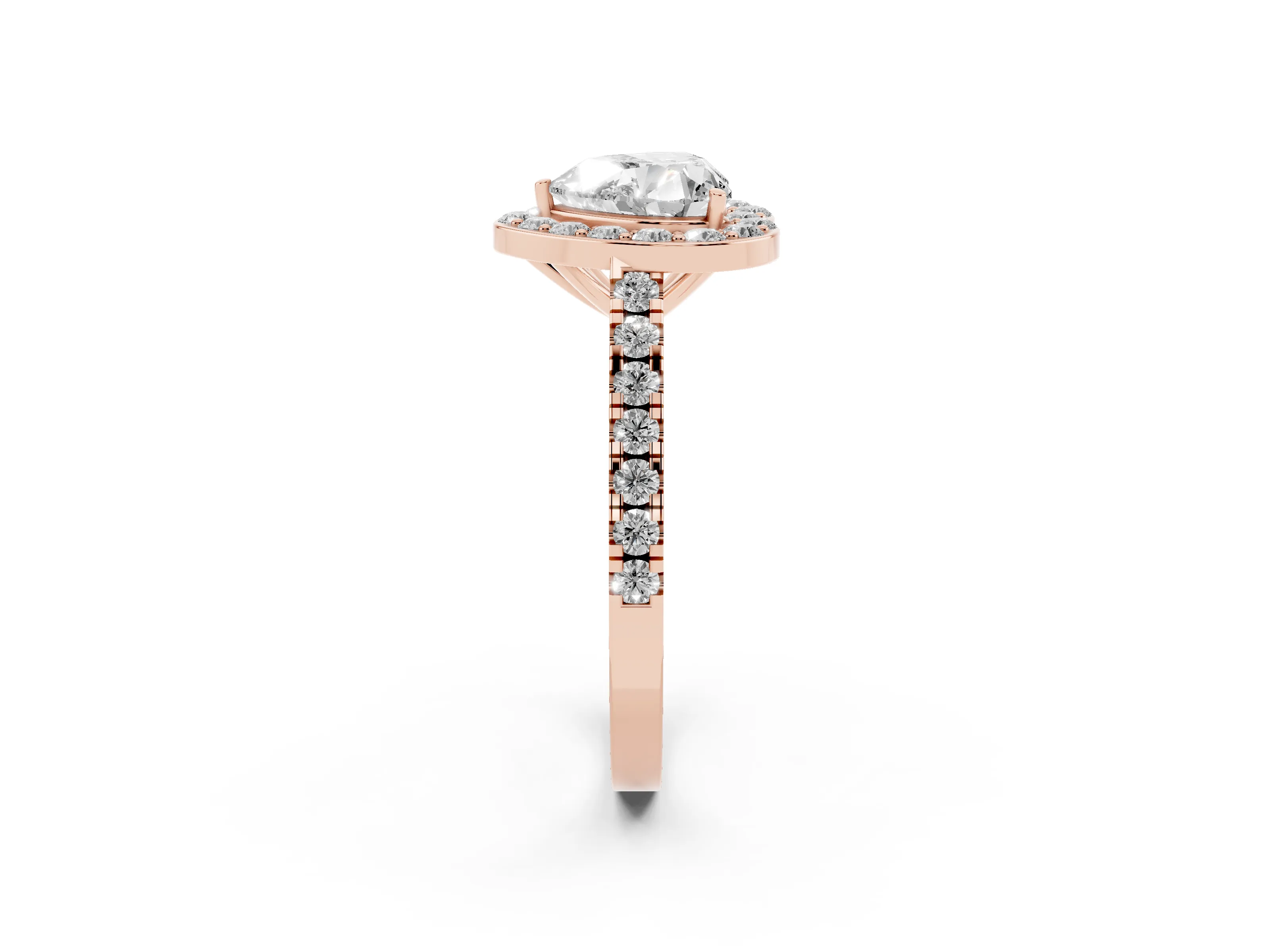 Heart Cut Diamond Halo Ring Set in Rose gold with Round Pavé Split Shank and Prong Setting