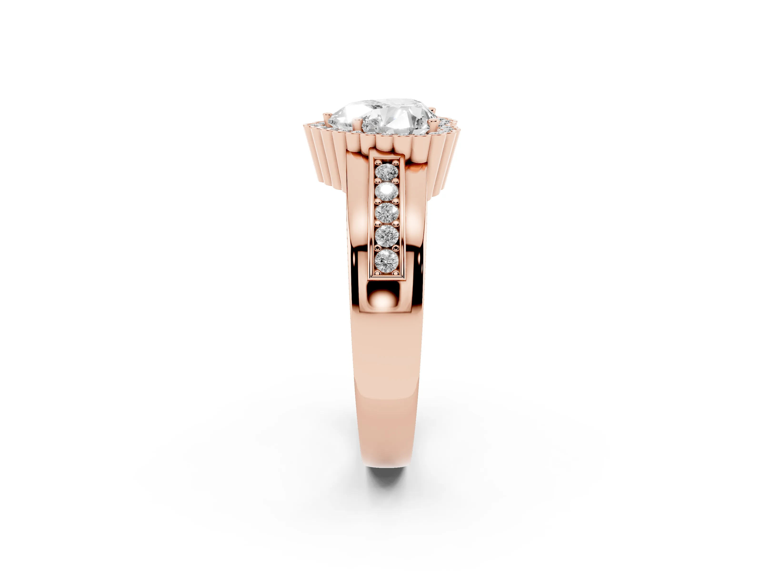 Heart Cut Diamond Halo Prong Ring Set in Rose gold with Pavé Band