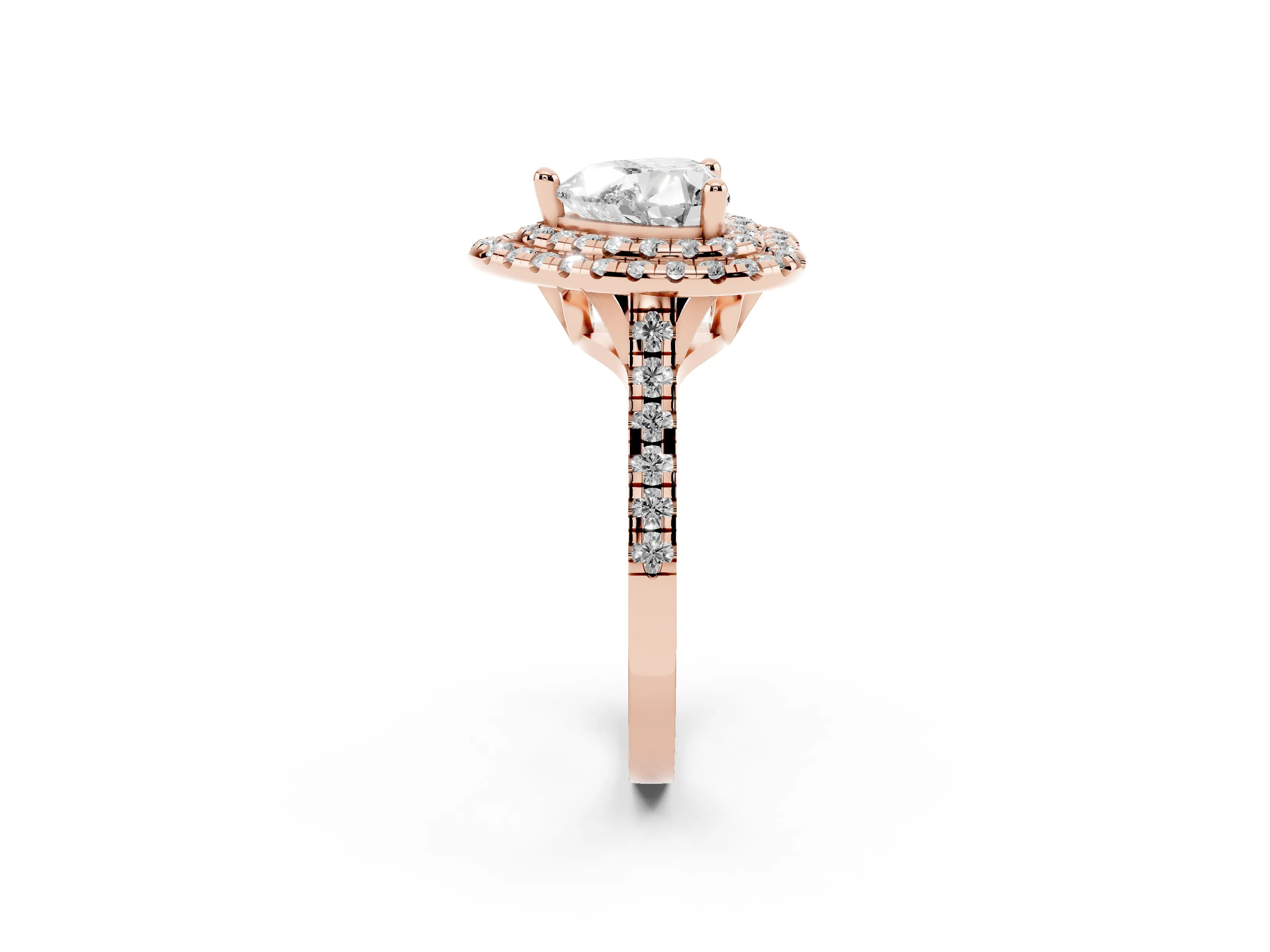 Heart Cut Diamond Double Halo Statement Ring Set in Rose gold with Pavé Band