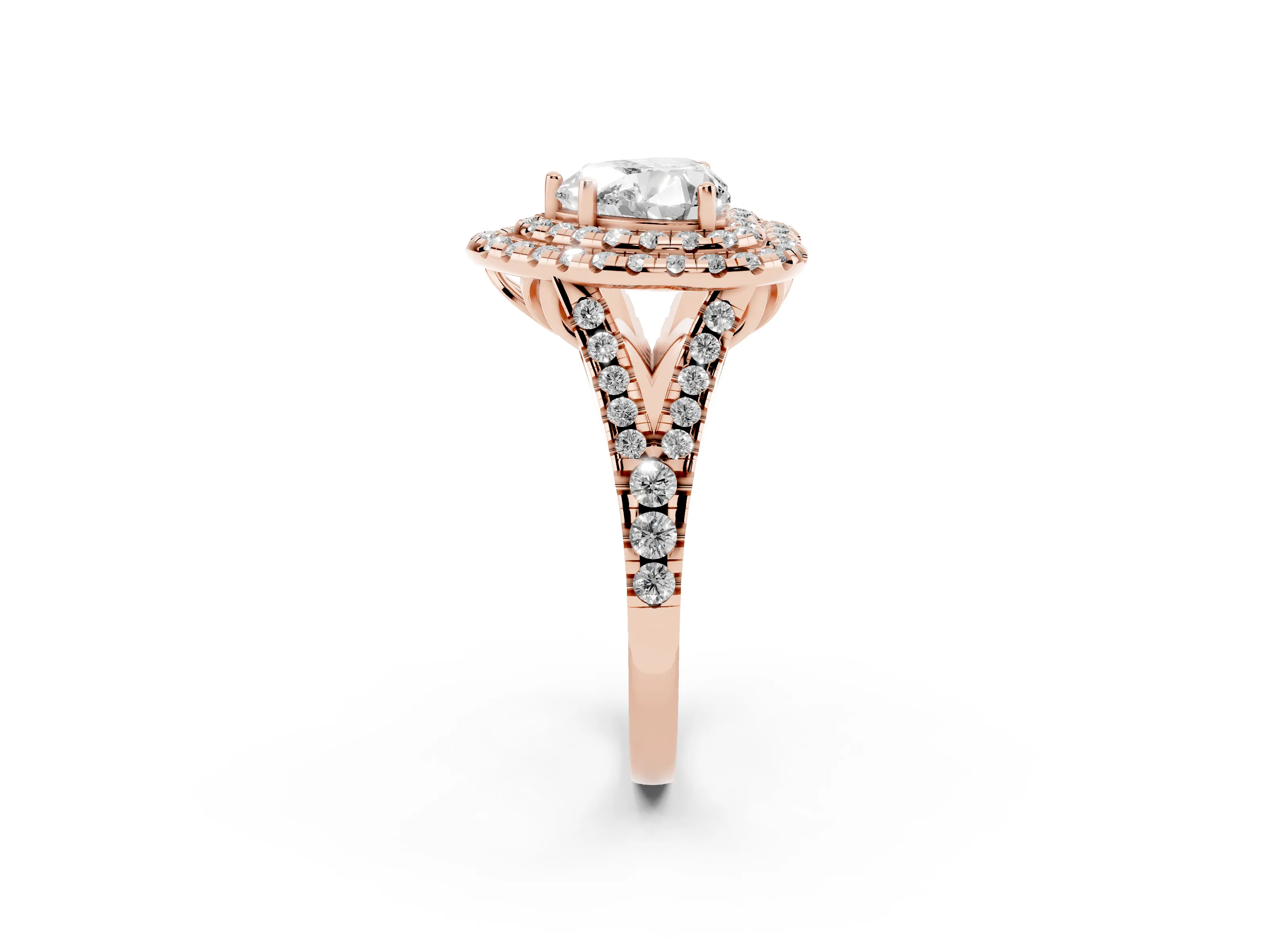 Heart Cut Diamond Double Halo Ring Set in Rose gold with Pavé Split Shank and Prong Setting