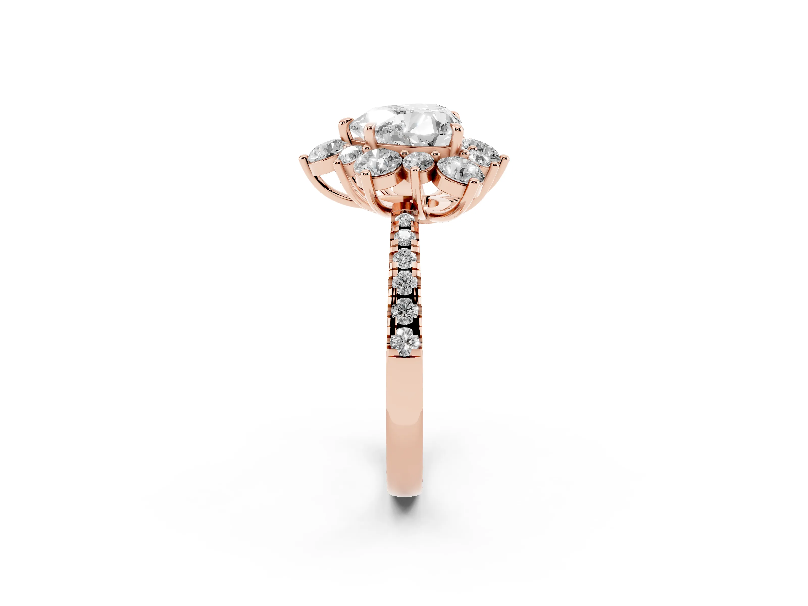 Heart Cut Diamond Floral Halo Ring Set in Rose gold with Round Pavé Band and Prong Setting