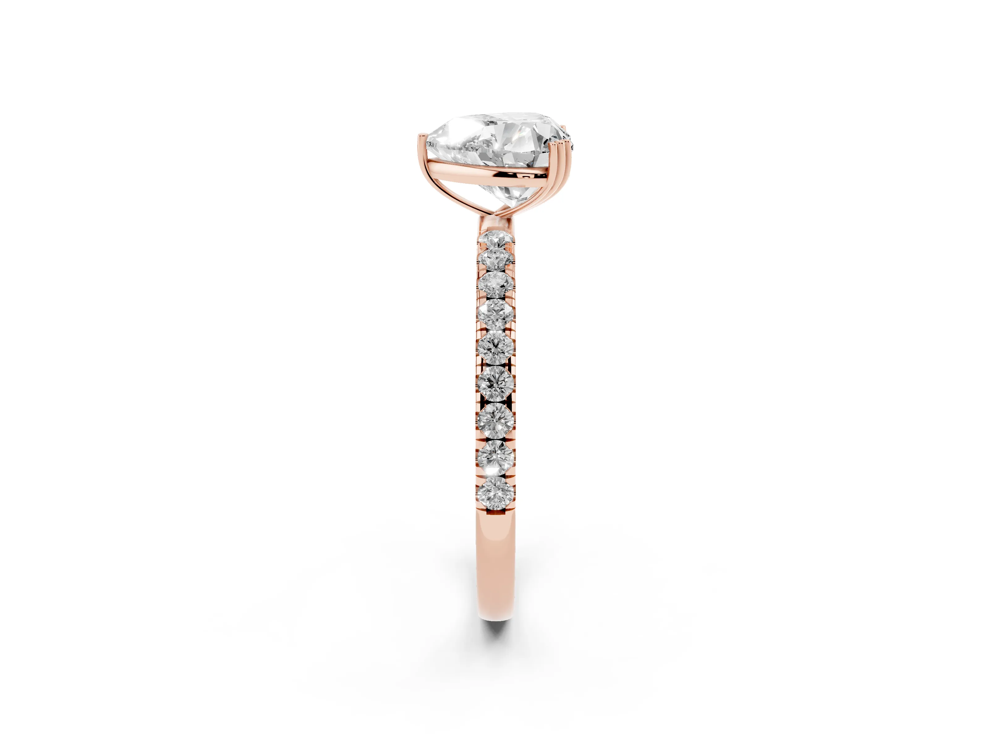 Heart Cut Diamond Brilliant Solitaire Set in Rose gold with Pavé Band and Claw Prong Setting