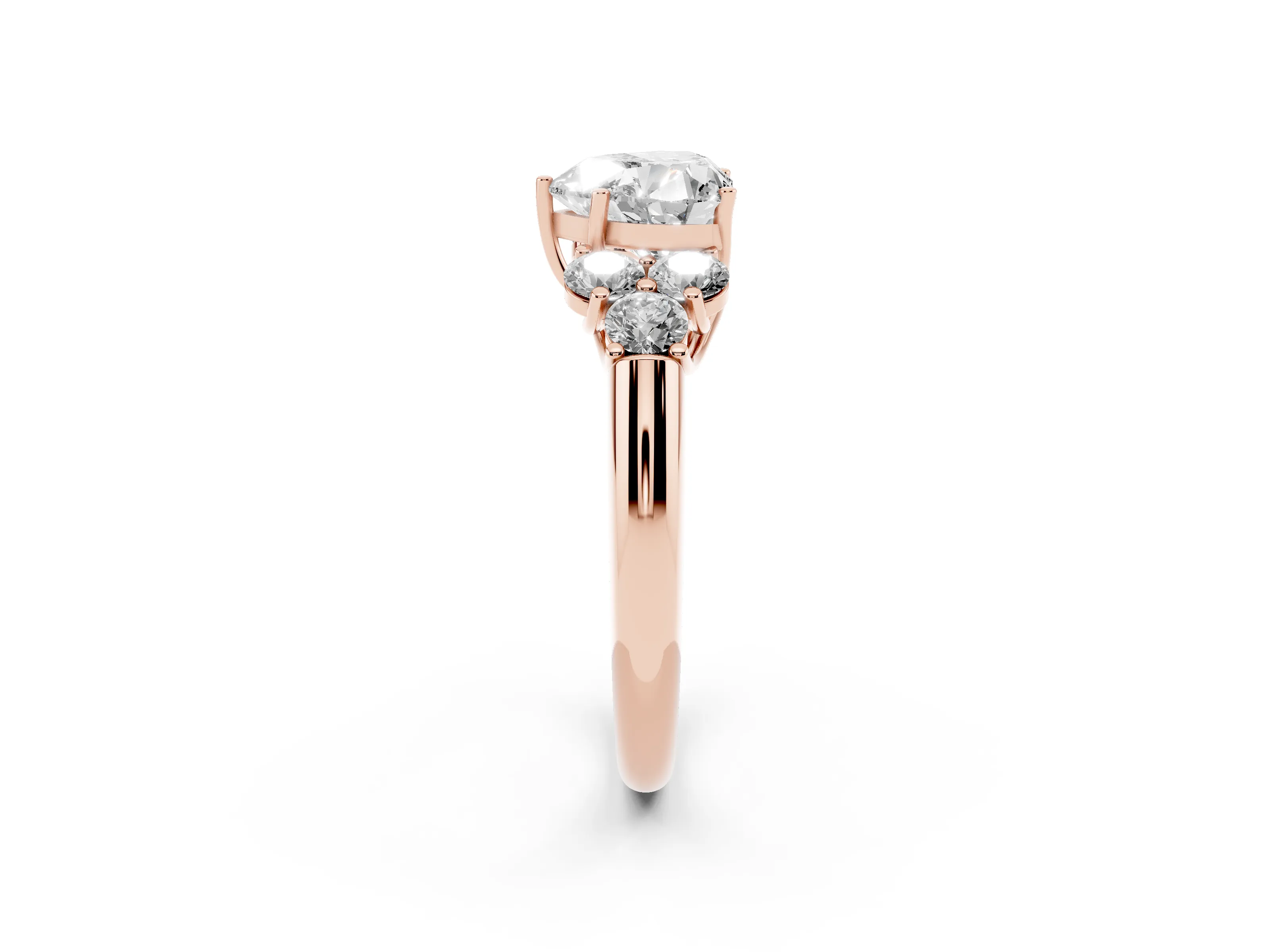 Heart Cut Diamond Cluster Ring Set in Rose gold with Round Accent Stones and Prong Setting on a Plain Band