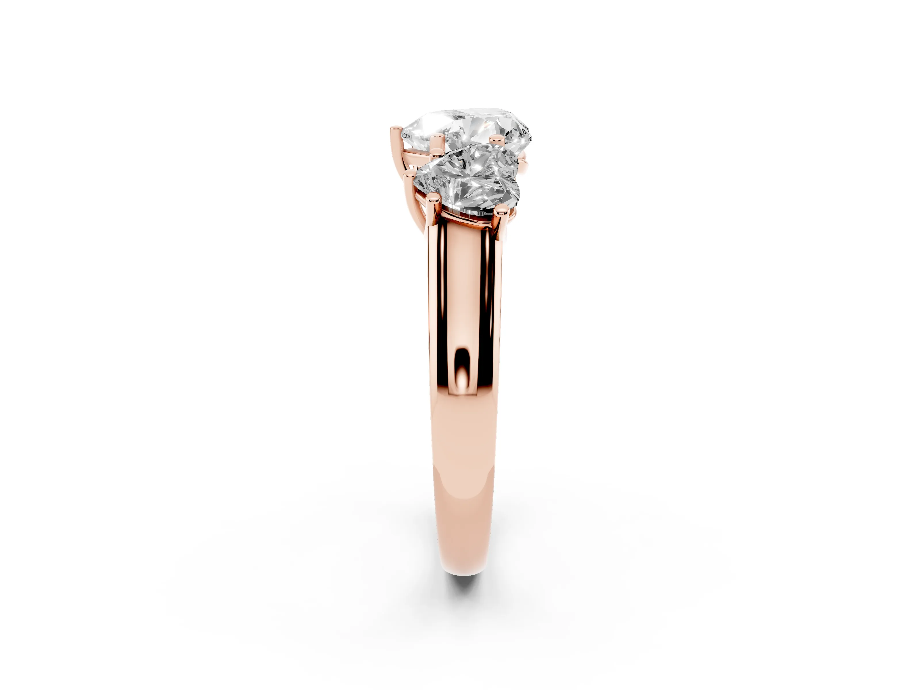 Heart Cut Diamond Three-Stone Ring Set in Rose gold with Plain Polished Band