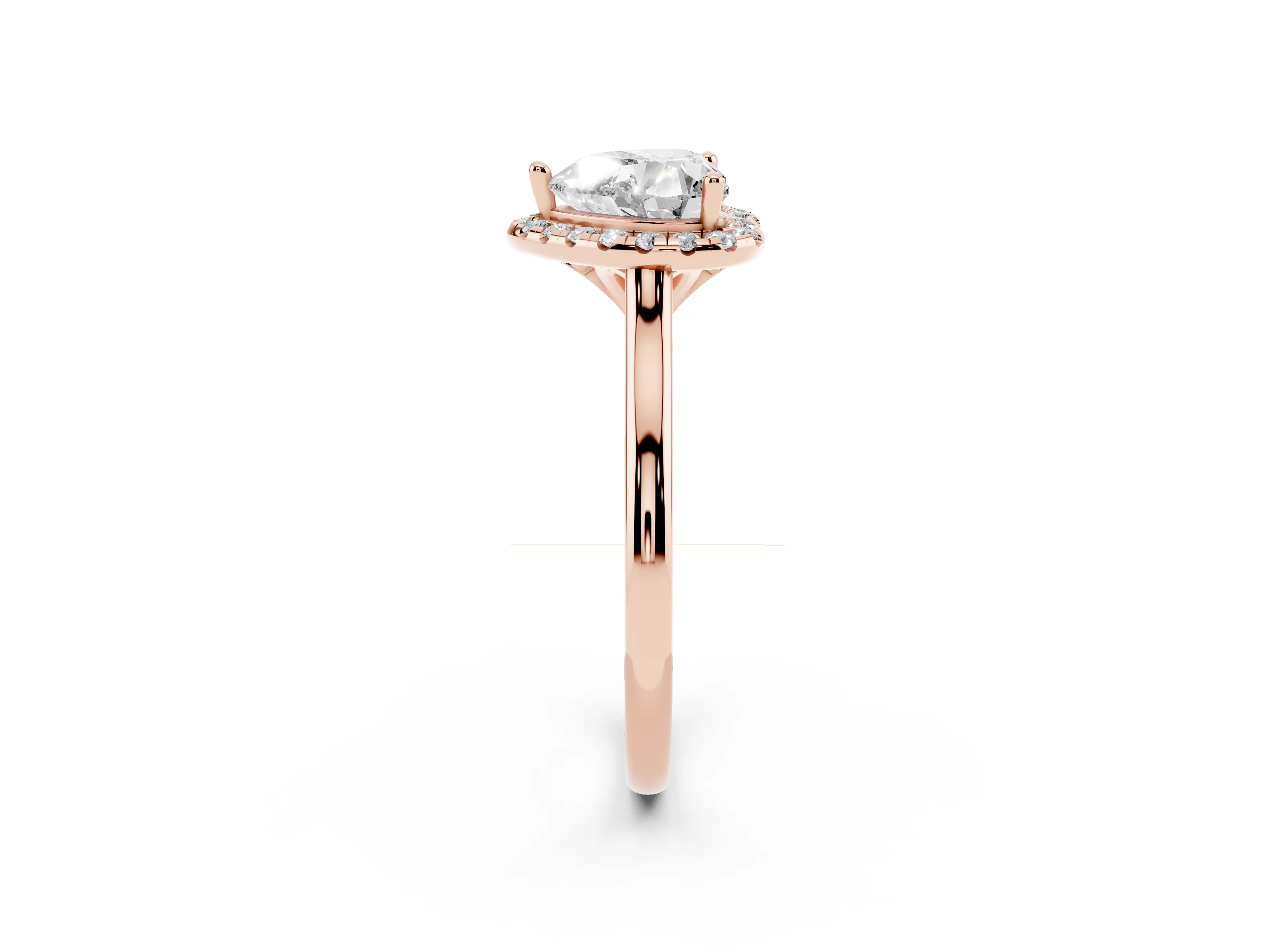 Heart Cut Diamond Halo Engagement Ring Set in Rose gold with Pavé Band and Rising Shoulders