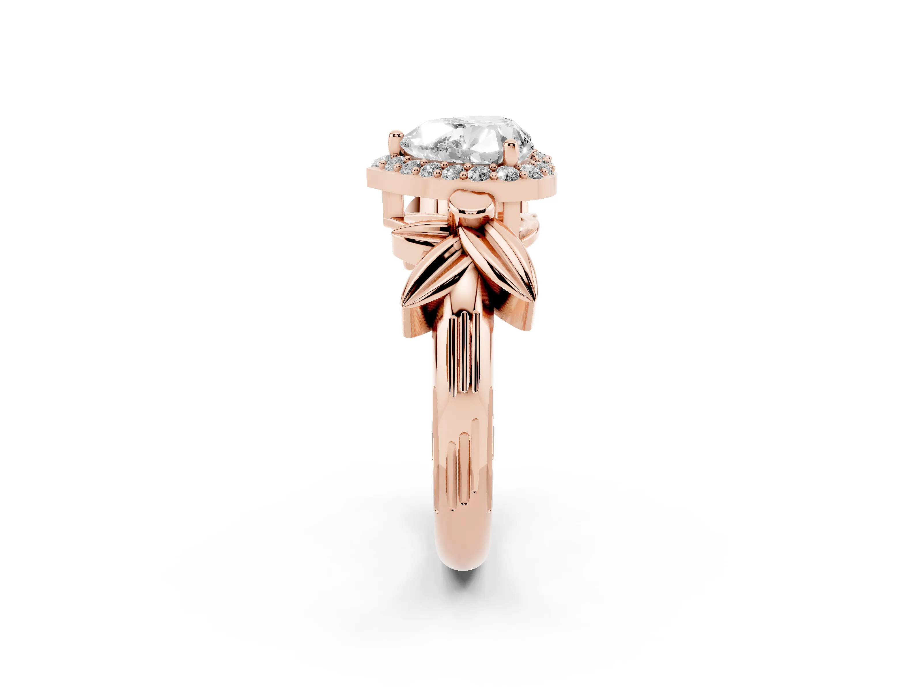 Heart Cut Diamond Halo Floral Band Ring Set in Rose gold with Prong Setting