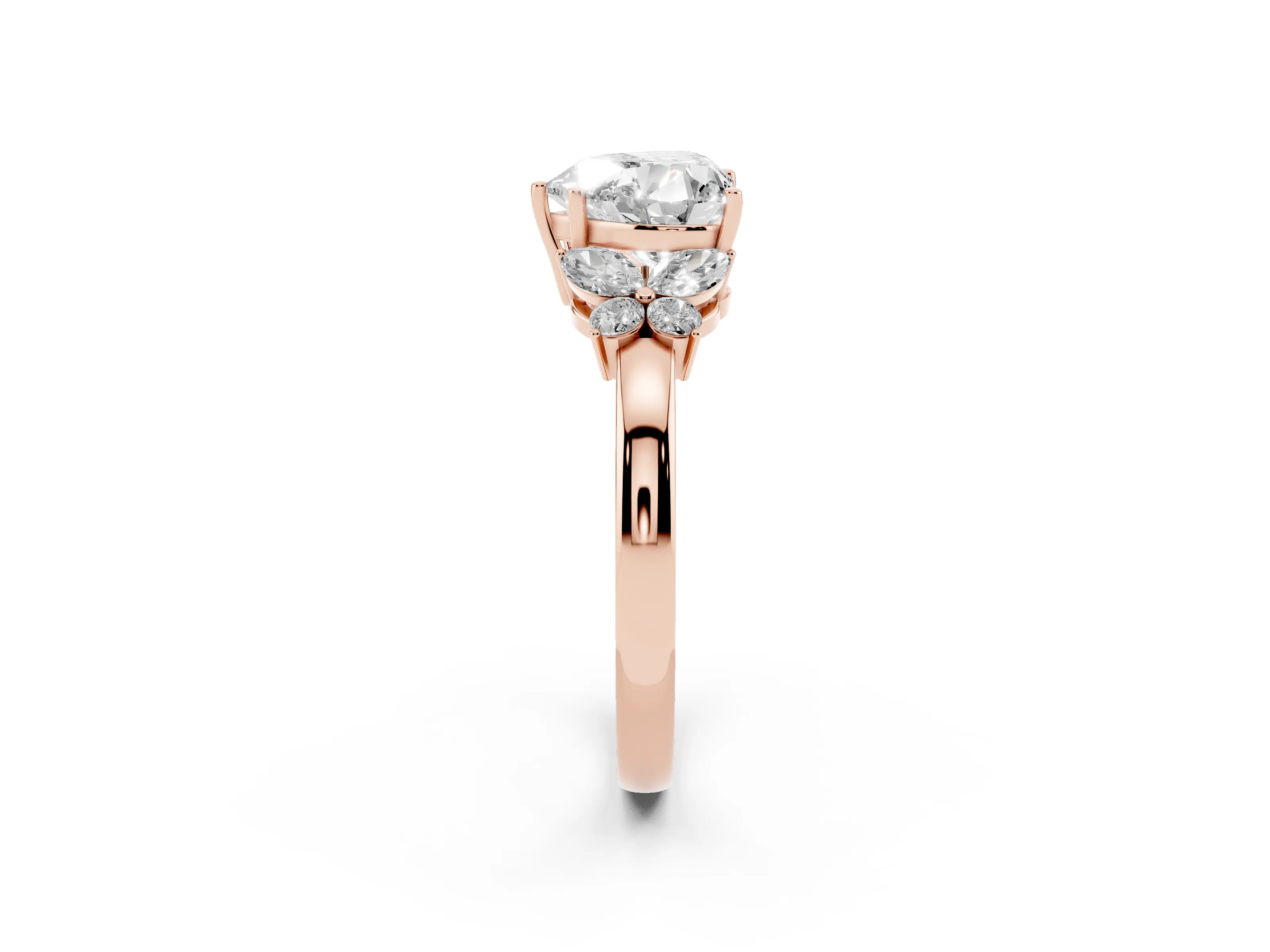 Heart Cut Diamond Solitaire Floral Ring Set in Rose gold with Marquise Petals and Prong Setting