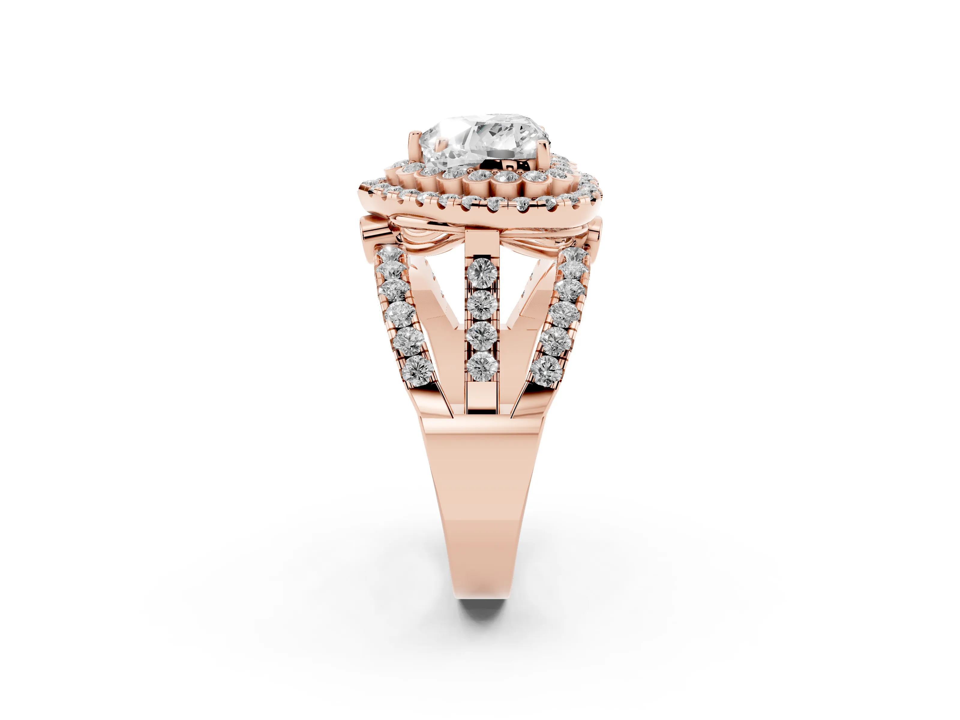 Heart Cut Diamond Double Halo Ring Set in Rose gold with Round Pavé Split Shank