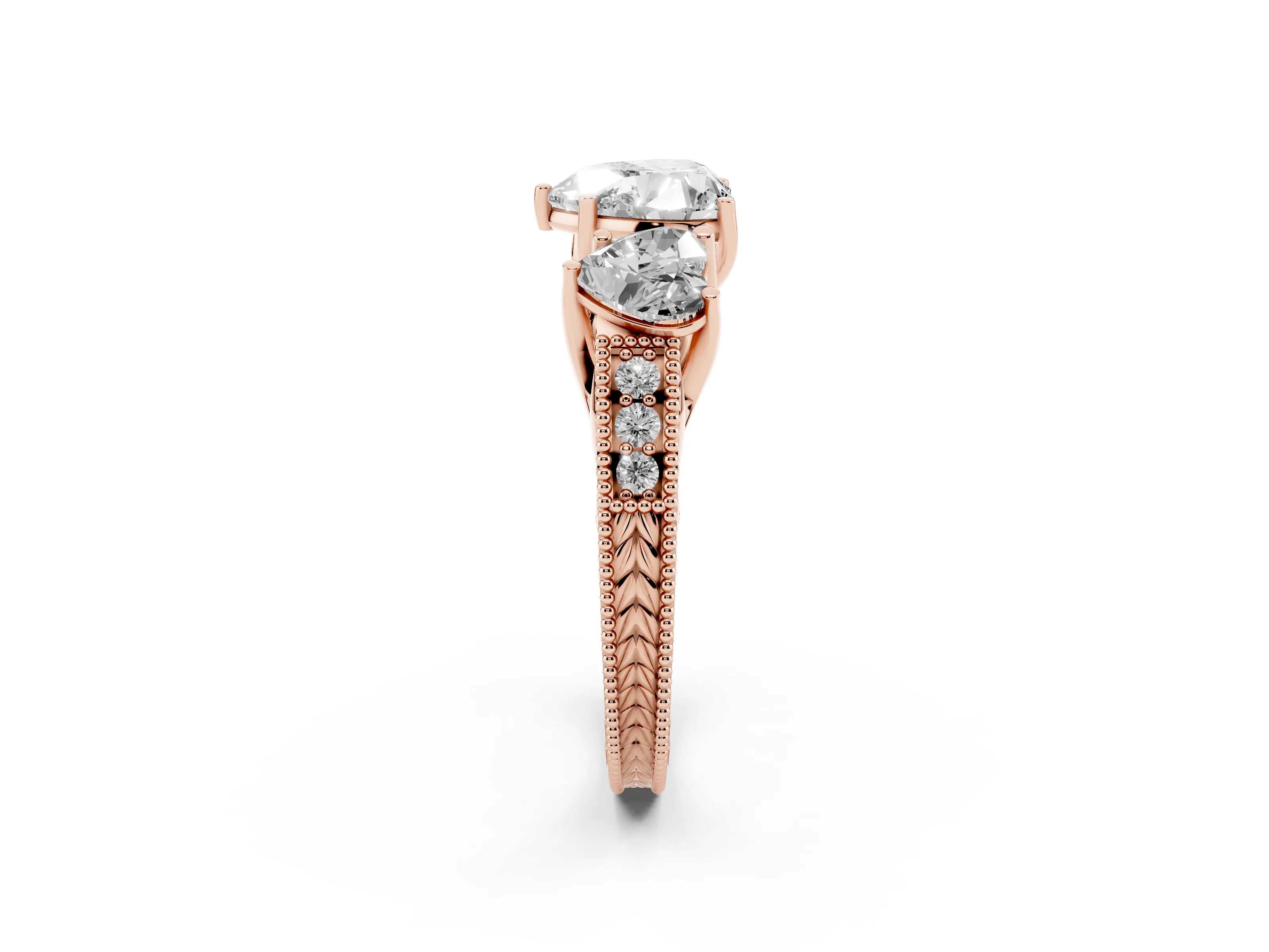 Heart Cut Diamond Three-Stone Engagement Ring Set in Rose gold with Milgrain Pavé Band