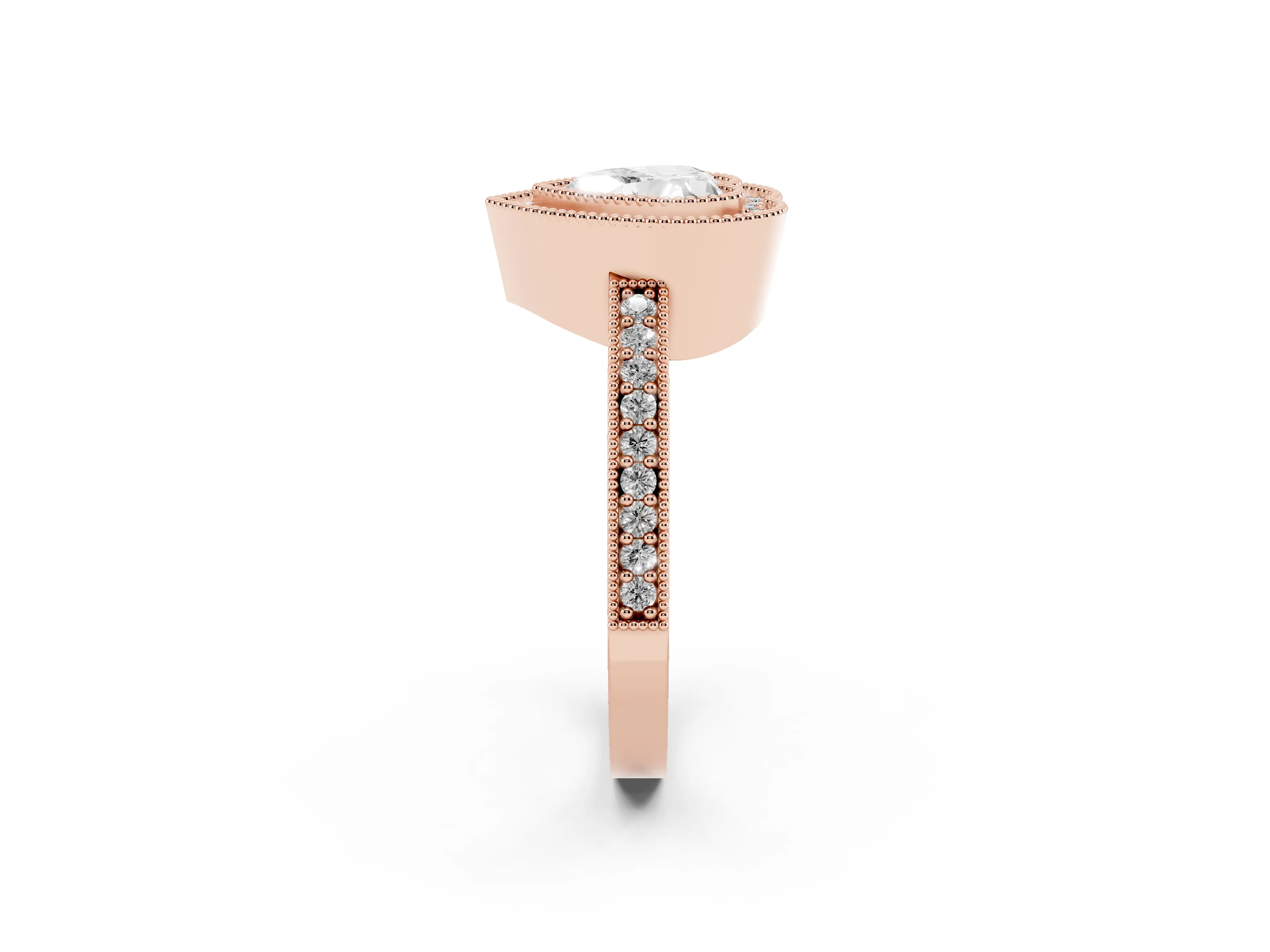 Heart Cut Diamond Halo Engagement Ring Set in Rose gold with Pavé Band and Round Halo Stones