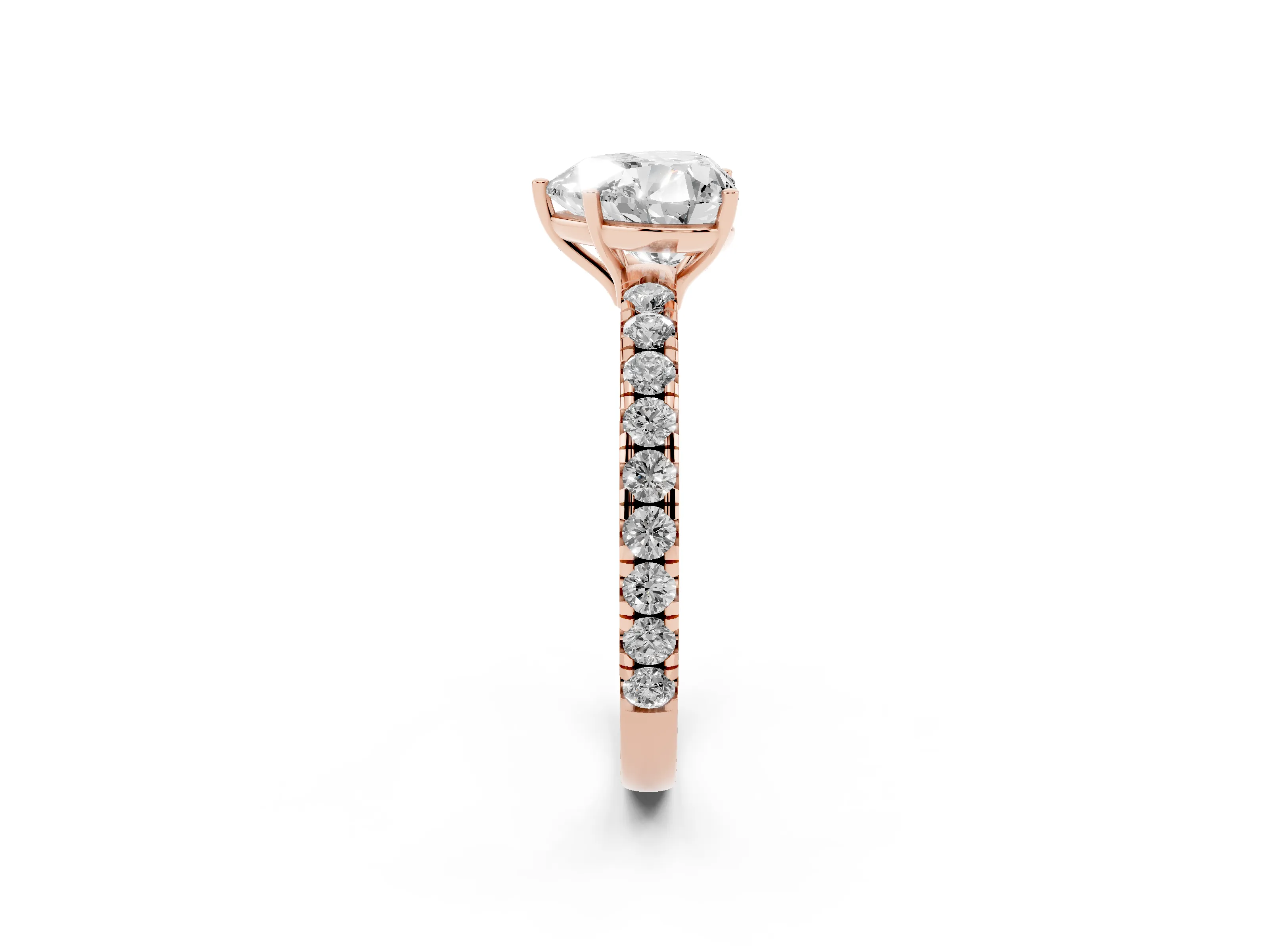 Heart Cut Diamond Pavé Solitaire Engagement Ring Set in Rose gold with Prong Setting