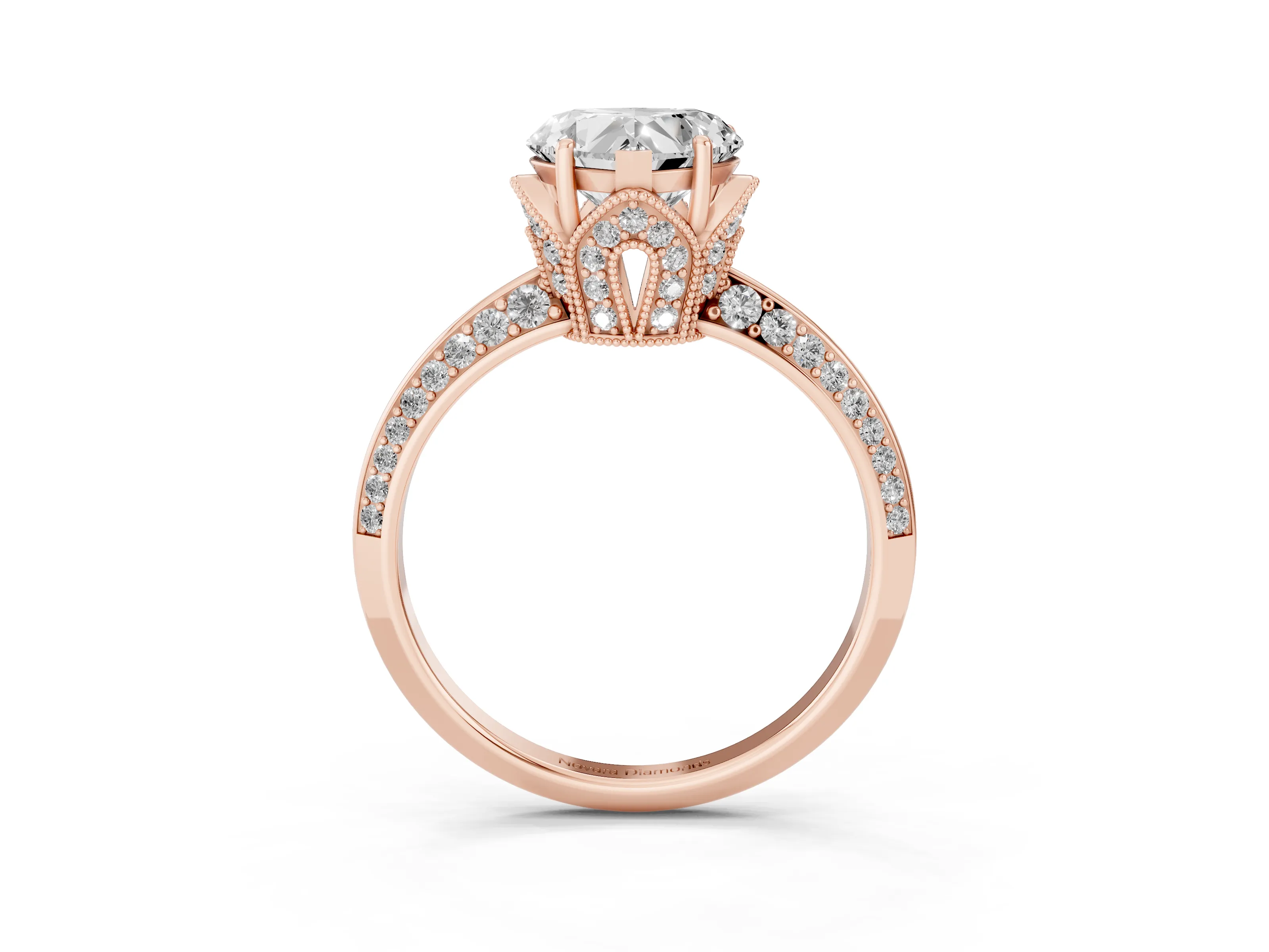 Heart Cut Diamond Solitaire Engagement Ring Set in Rose gold with Pavé Split Shank and Prong Setting