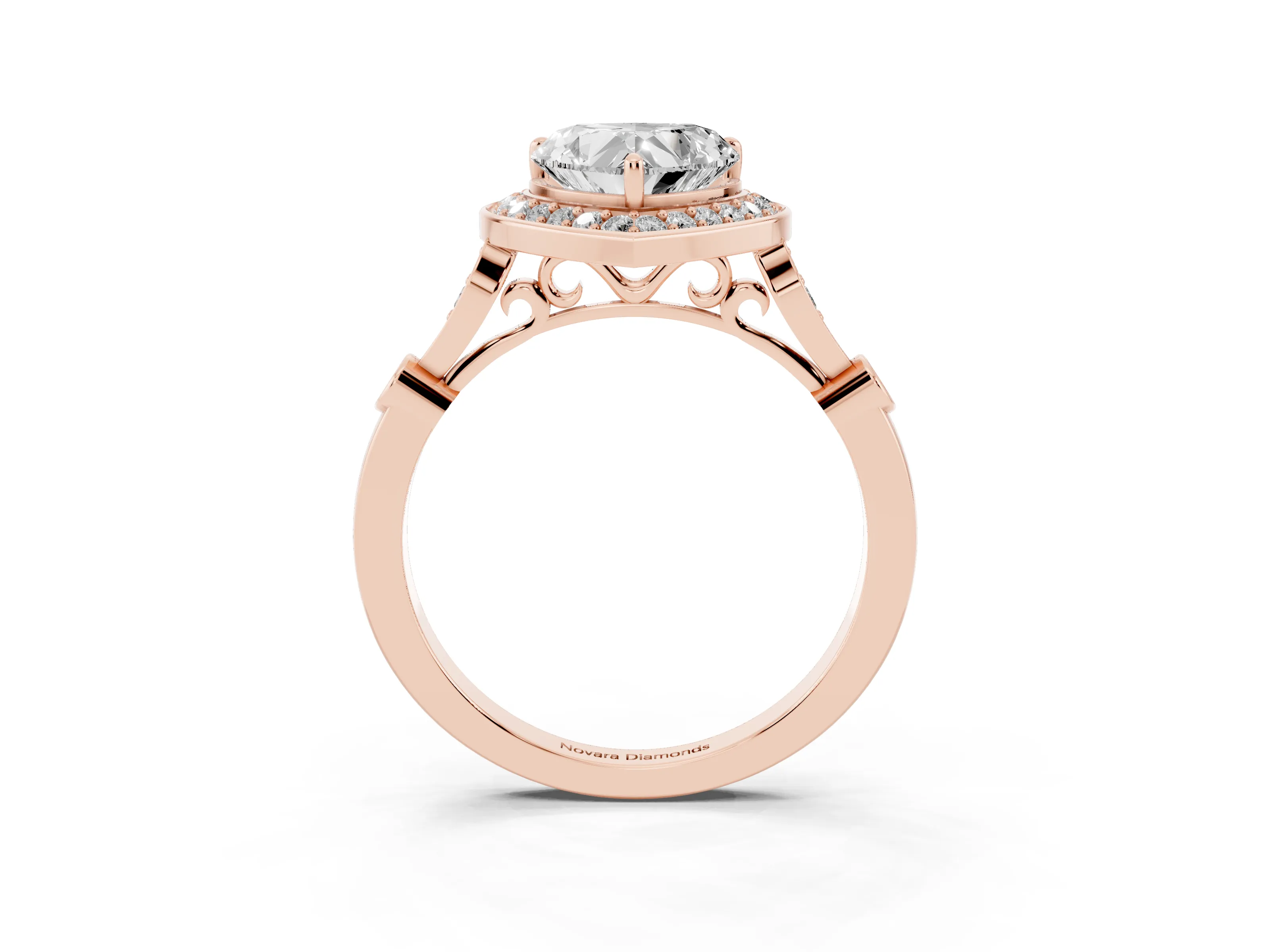 Heart Cut Diamond Halo Engagement Ring Set in Rose gold with Twisted Band and Prong Setting