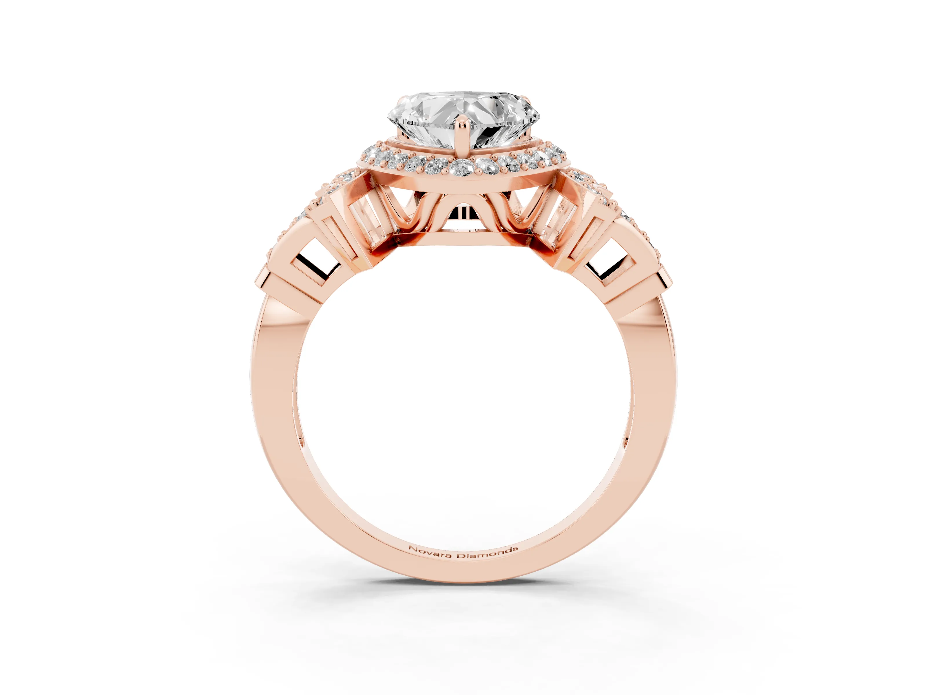 Heart Cut Diamond Halo Engagement Ring Set in Rose gold with Accent Stone Split Shank