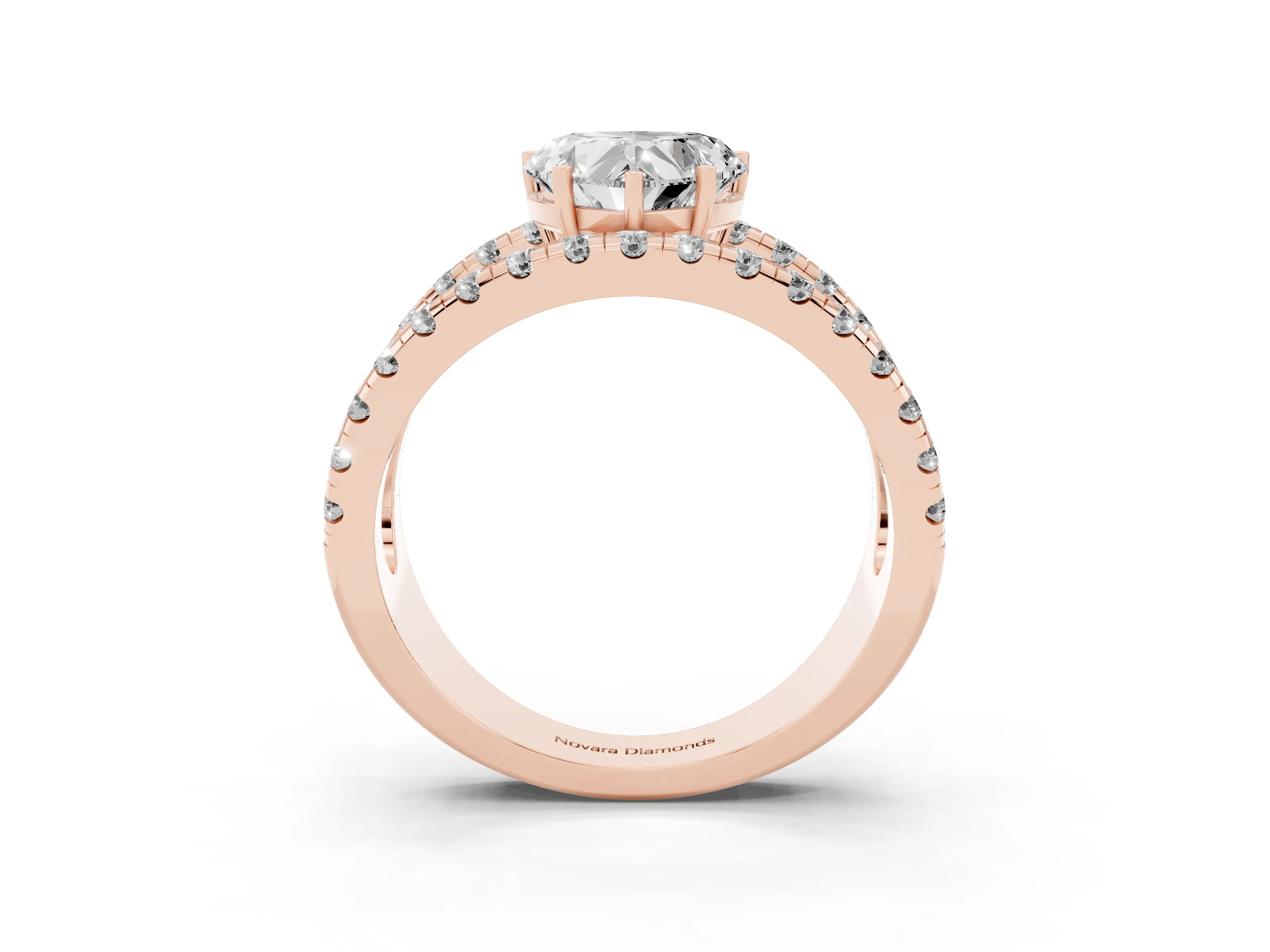 Heart Cut Diamond Split Shank Pavé Solitaire Ring Set in Rose gold with Open Shank Design