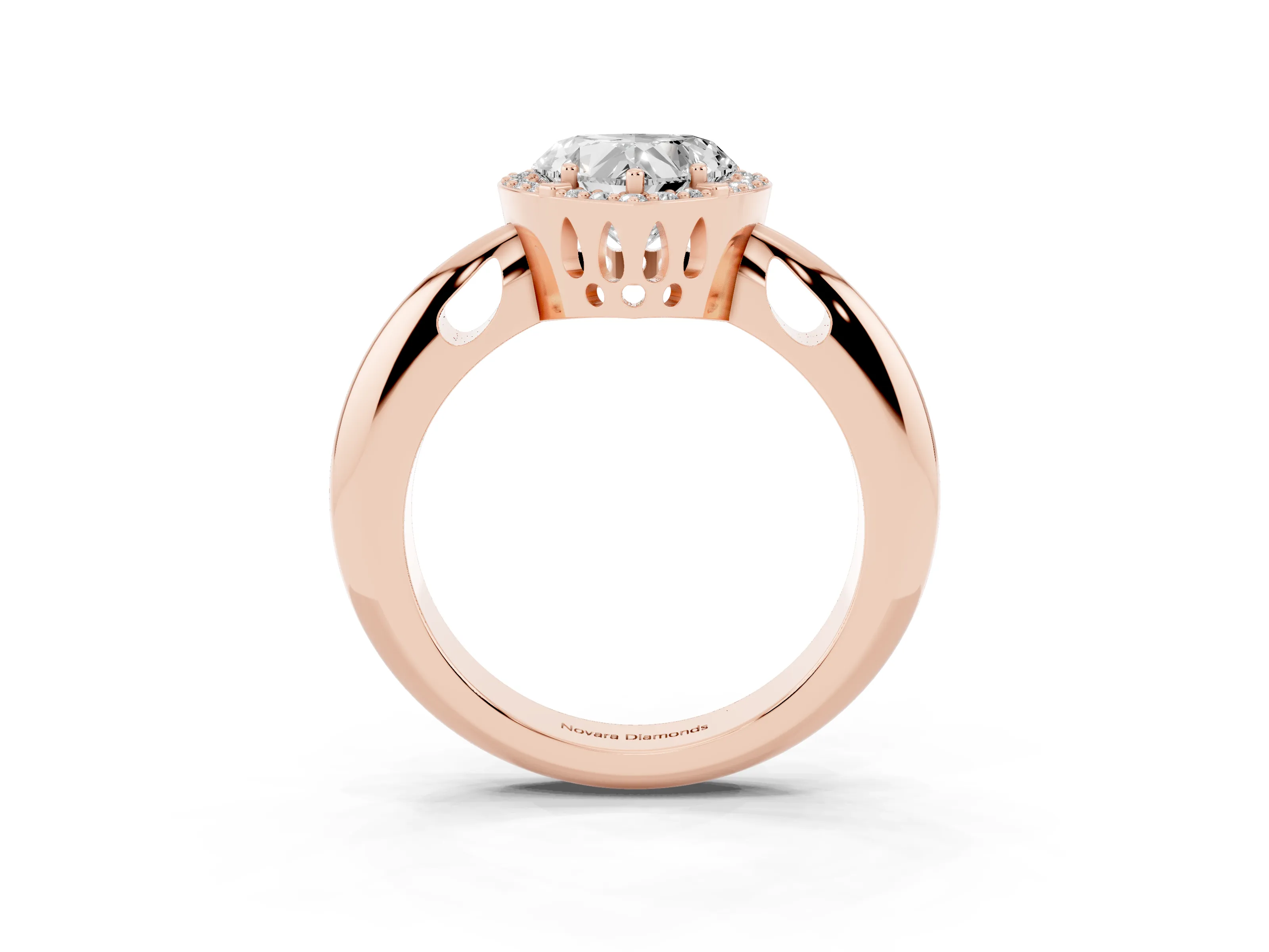 Heart Cut Diamond Halo Engagement Ring Set in Rose gold with Plain Split Shank and Prong Setting