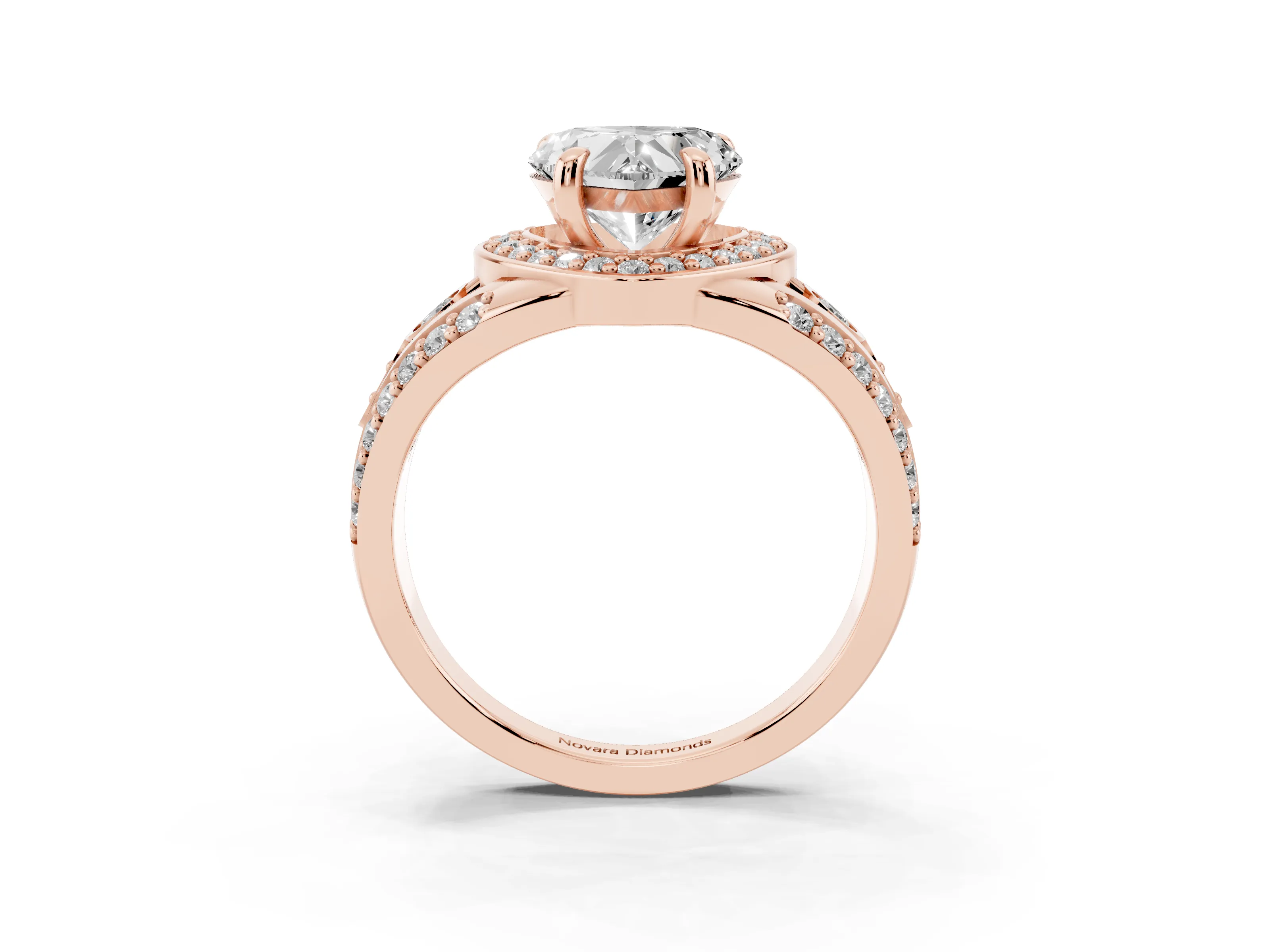 Heart Cut Diamond Halo Ring Set in Rose gold with Pavé Split Shank and Bezel Accents