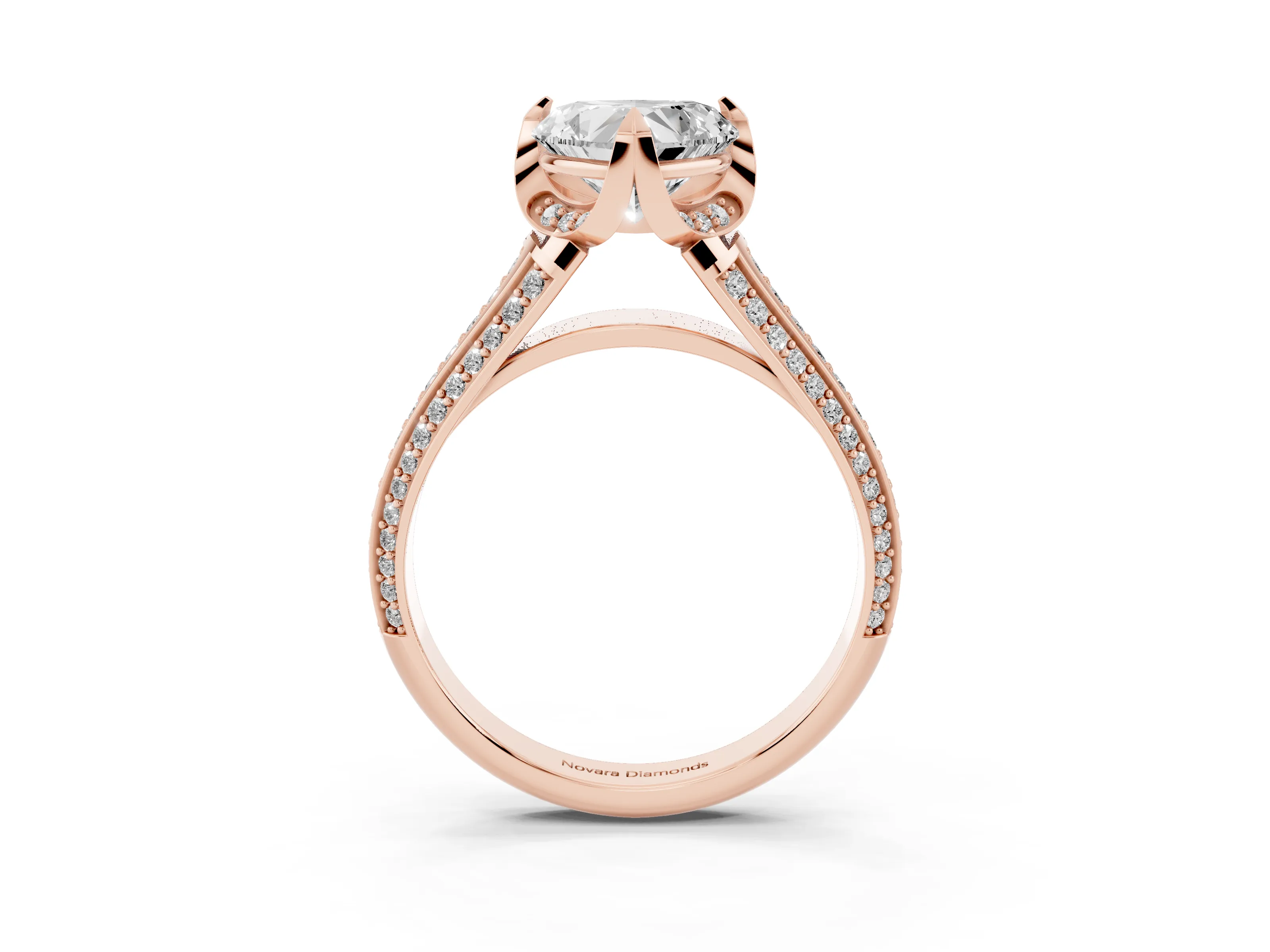 Heart Cut Diamond Pavé Split Shank Solitaire Ring Set in Rose gold with Prong Setting
