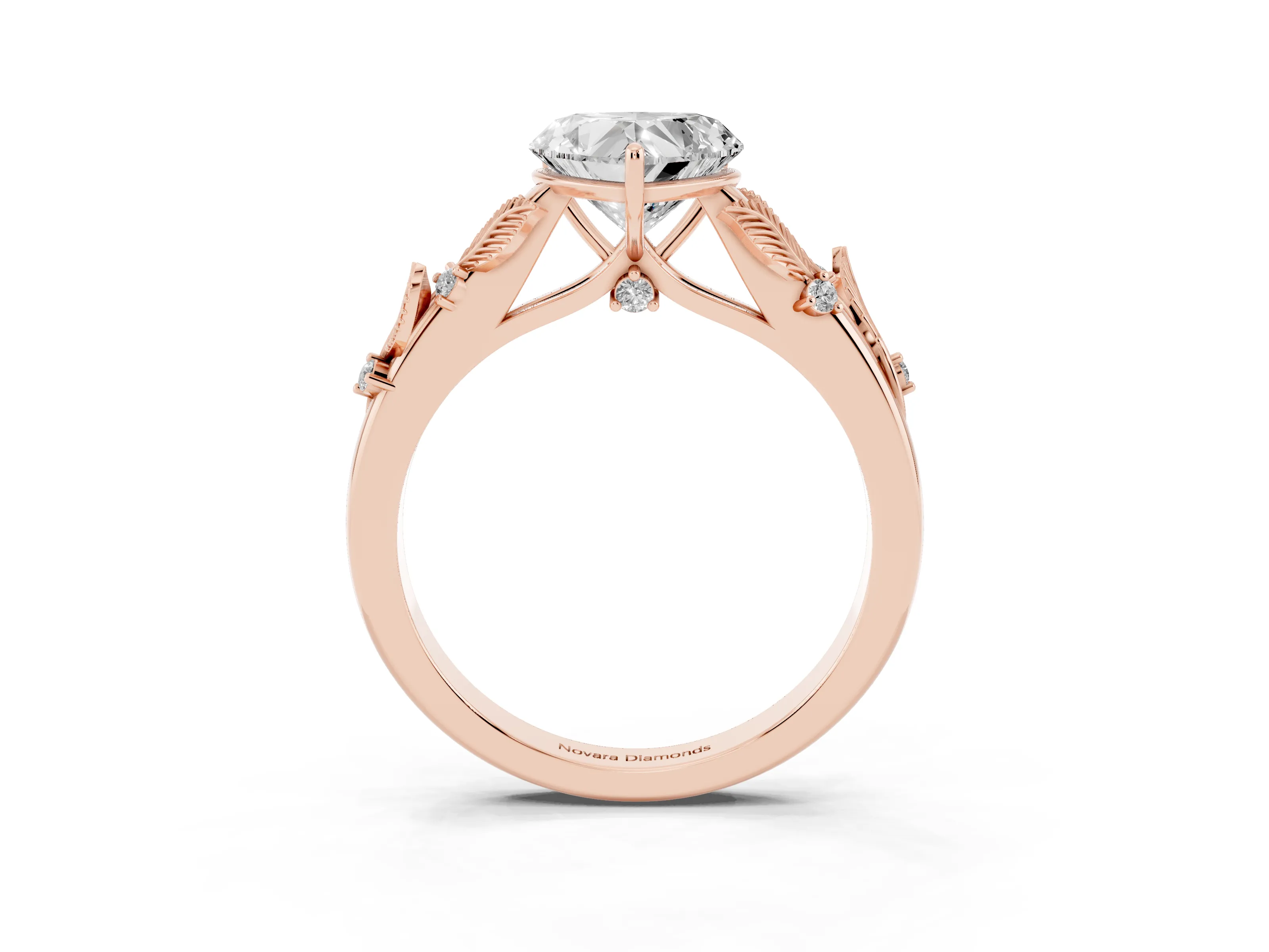 Heart Cut Diamond Solitaire Ring Set in Rose gold with Leaf Motif Band