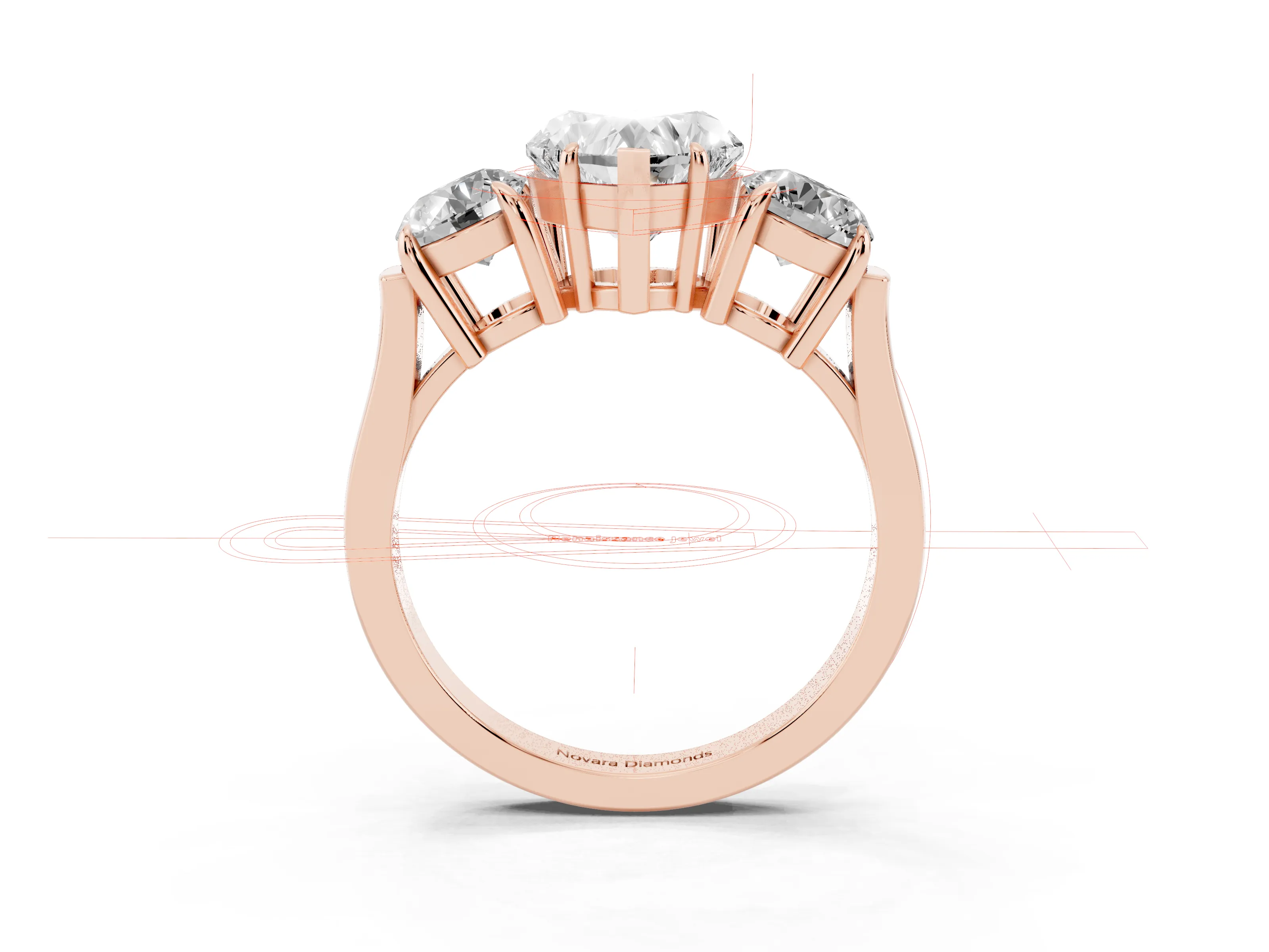 Heart Cut Diamond Three-Stone Ring Set in Rose gold with Round Accent Stones and Plain Band