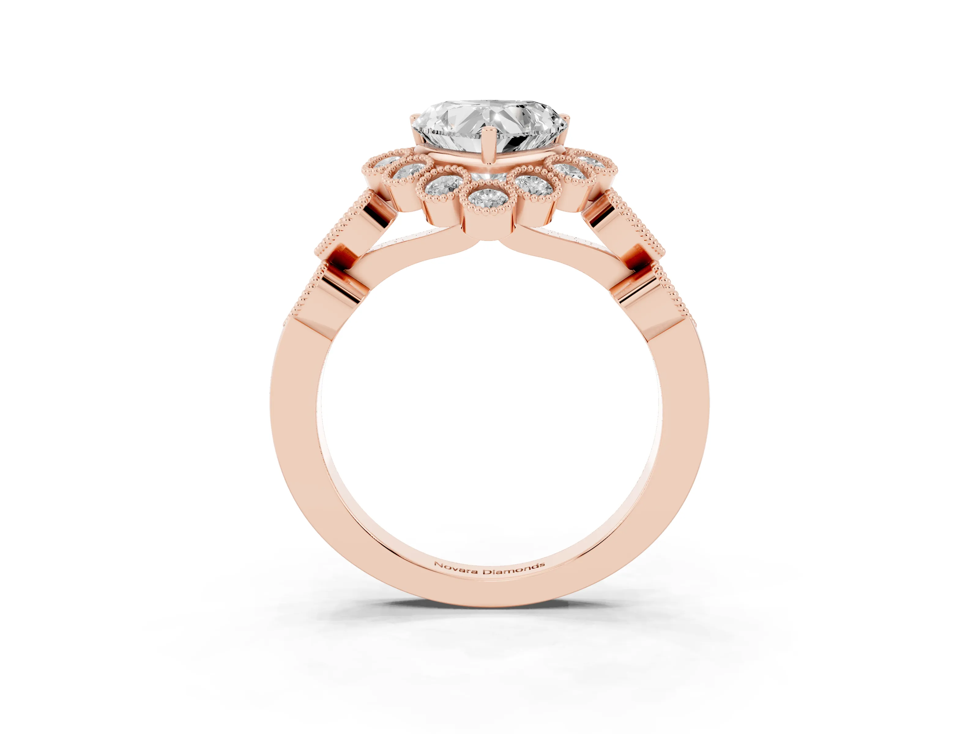 Heart Cut Diamond Solitaire Ring Set in Rose gold with Milgrain Pavé Heart Band