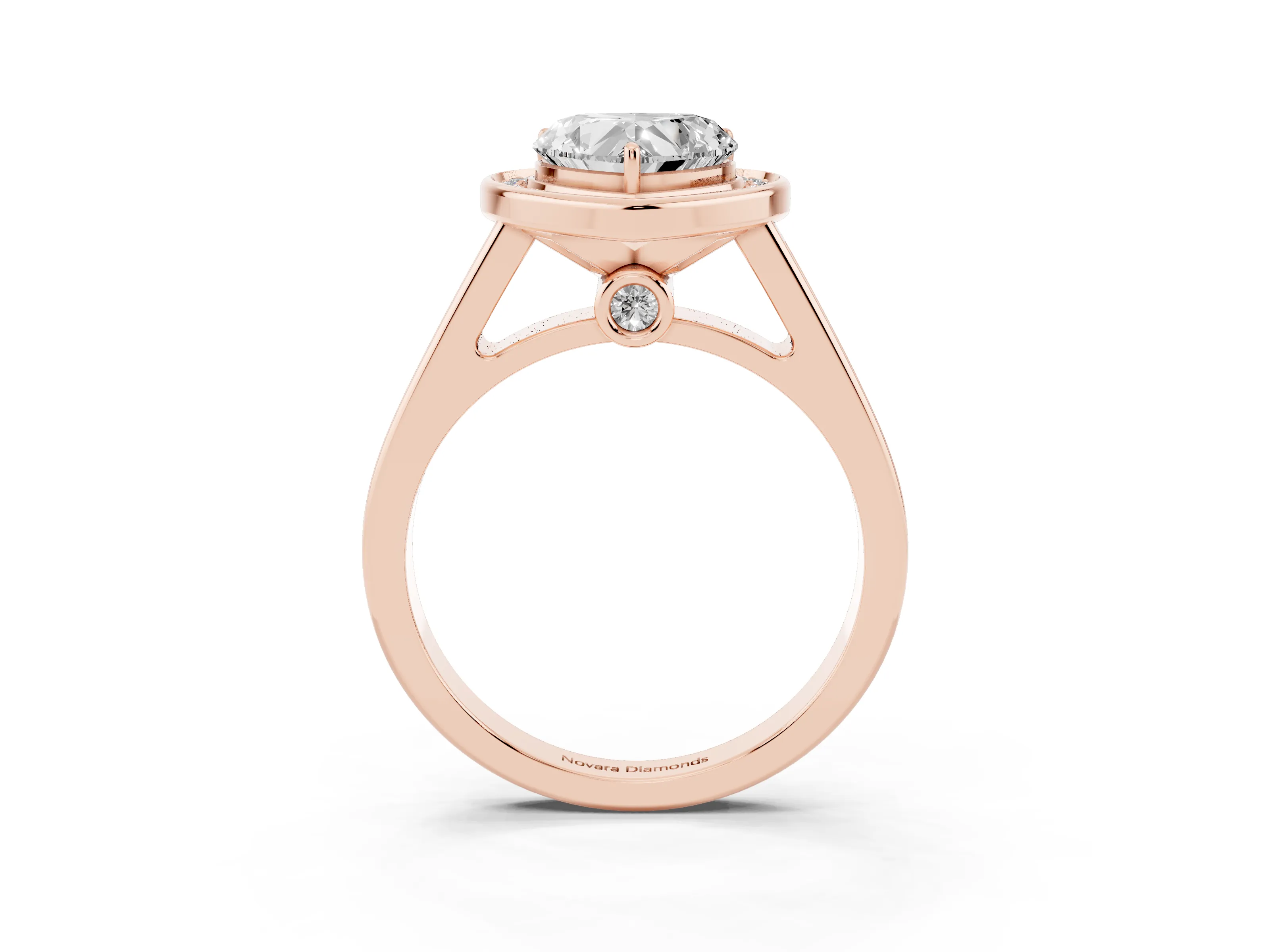 Heart Cut Diamond Halo Solitaire Ring Set in Rose gold with Pavé Band and Bezel Setting