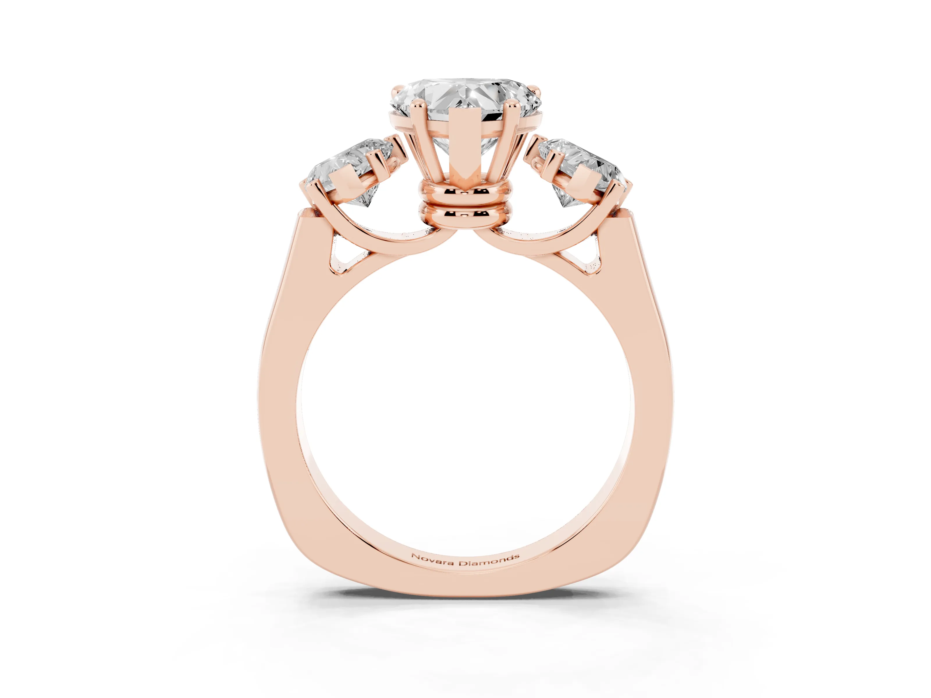 Heart Cut Diamond Three-Stone Trellis Ring Set in Rose gold with Comfort Fit Band