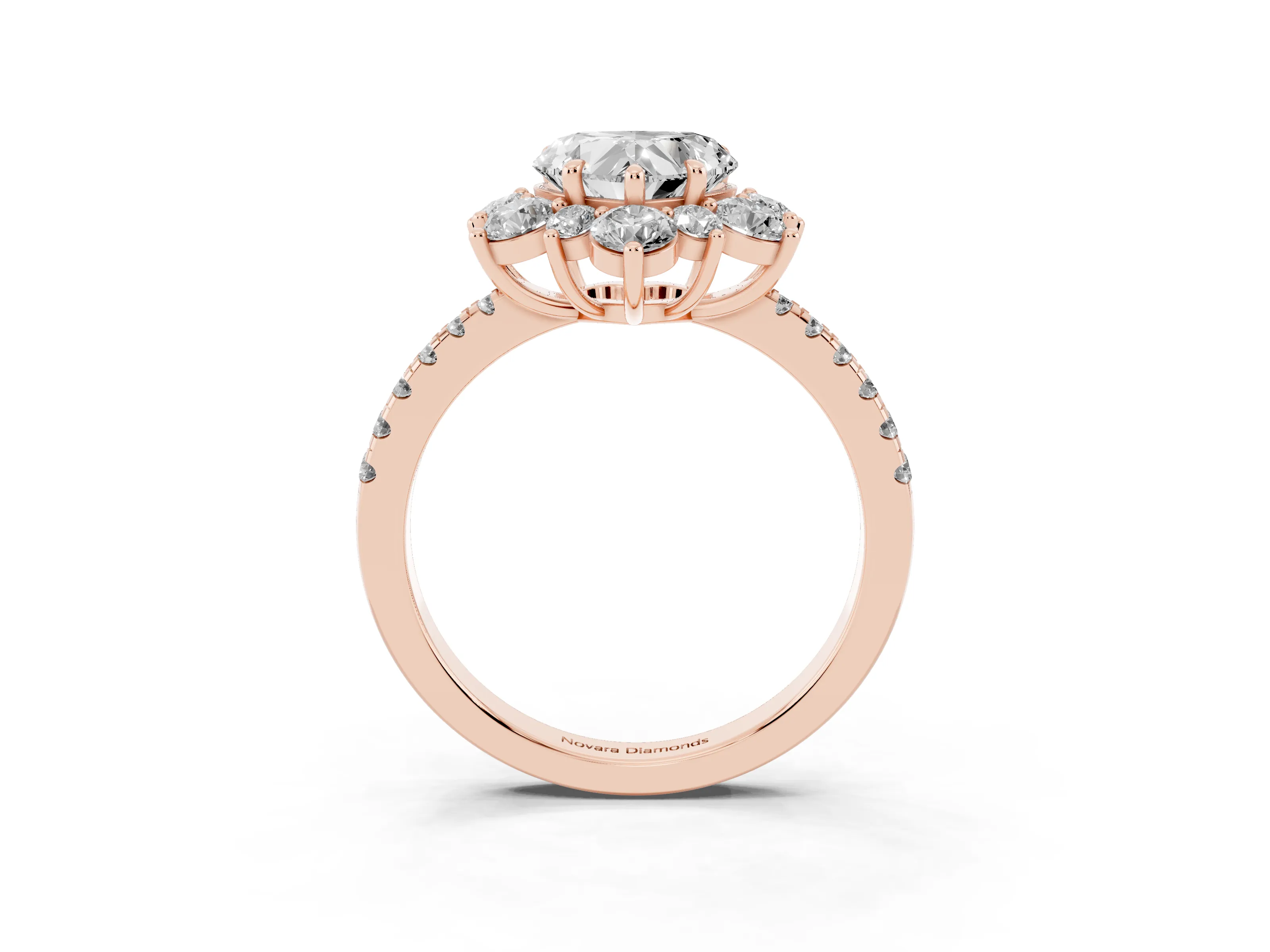 Heart Cut Diamond Floral Halo Ring Set in Rose gold with Round Pavé Band and Prong Setting