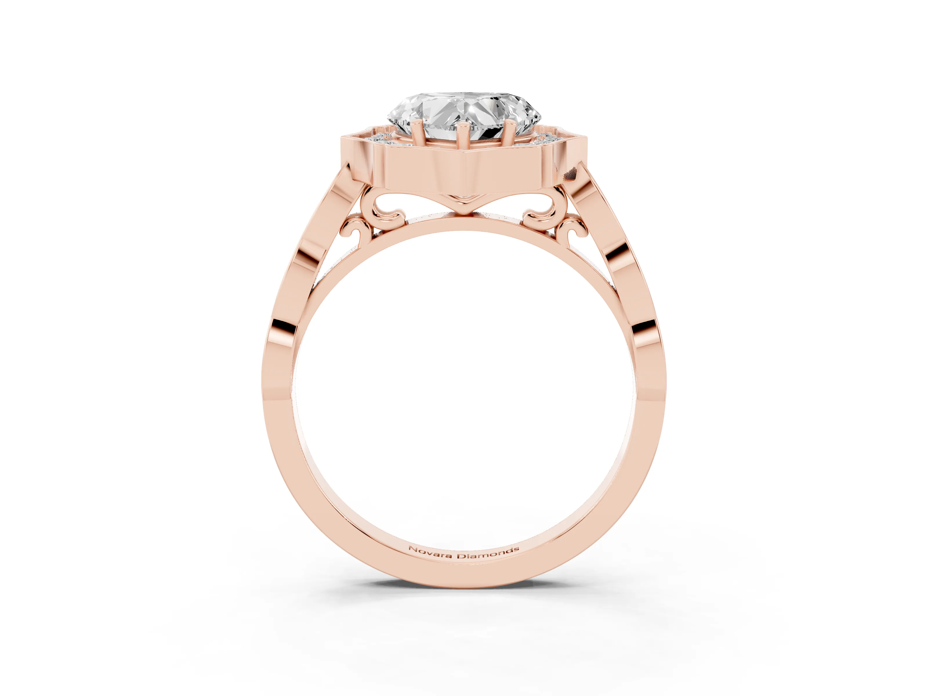 Heart Cut Diamond Halo Engagement Ring Set in Rose gold with Milgrain Band and Prong Setting